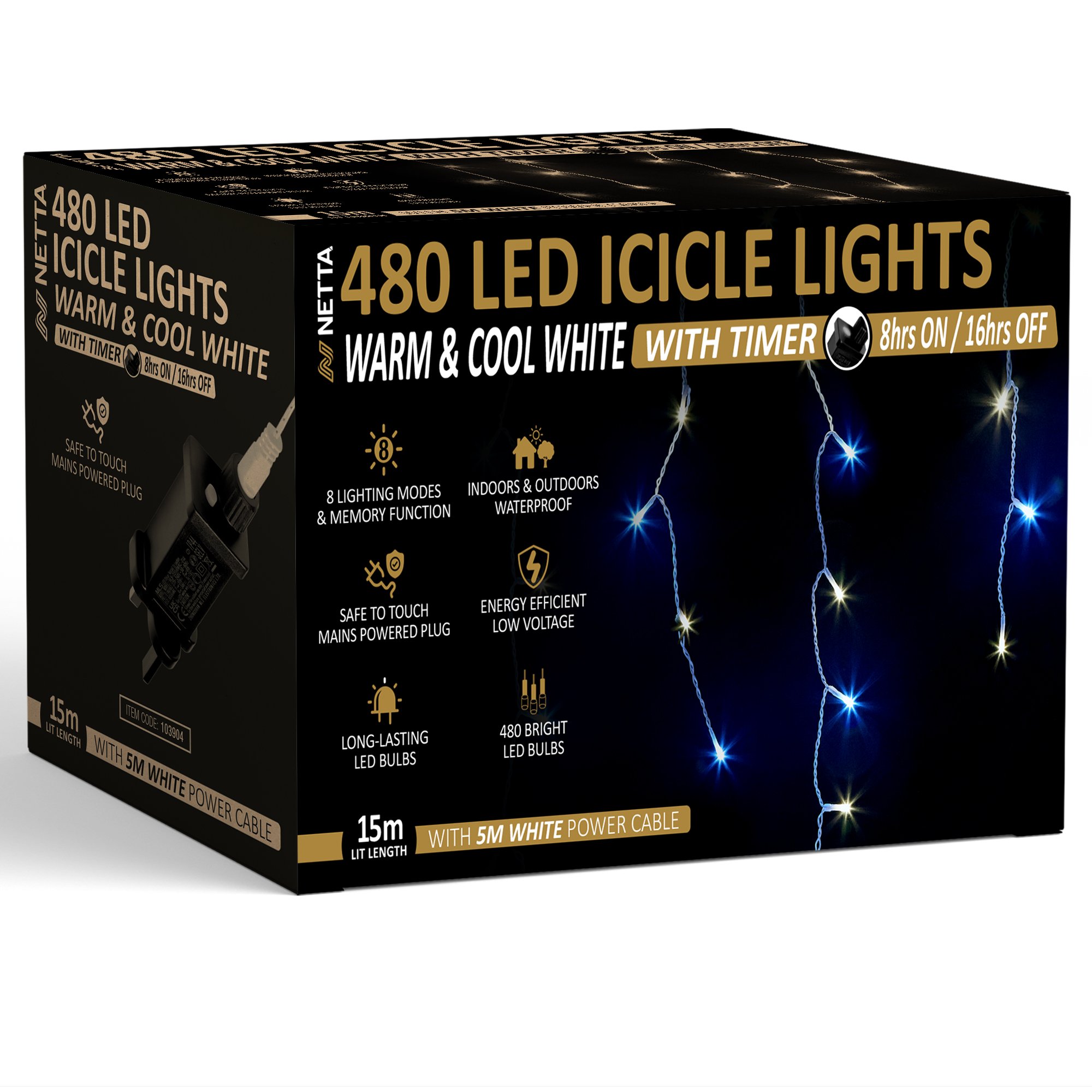 NETTA 15m 480 LED Outdoor Icicle Christmas Lights with Timer - Warm Cool