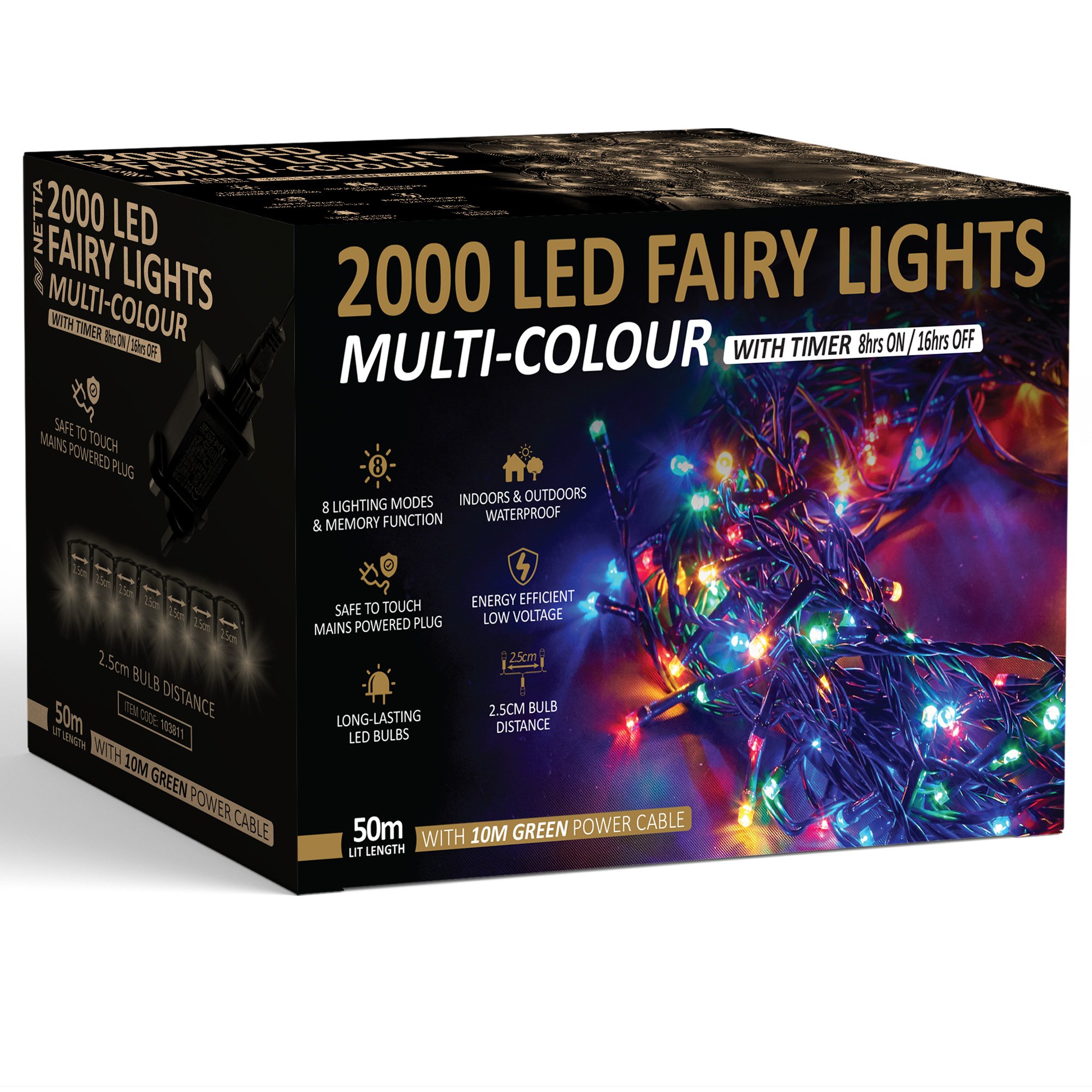 NETTA 2000 LED 50m Christmas Fairy String Lights with Timer - Multicolour