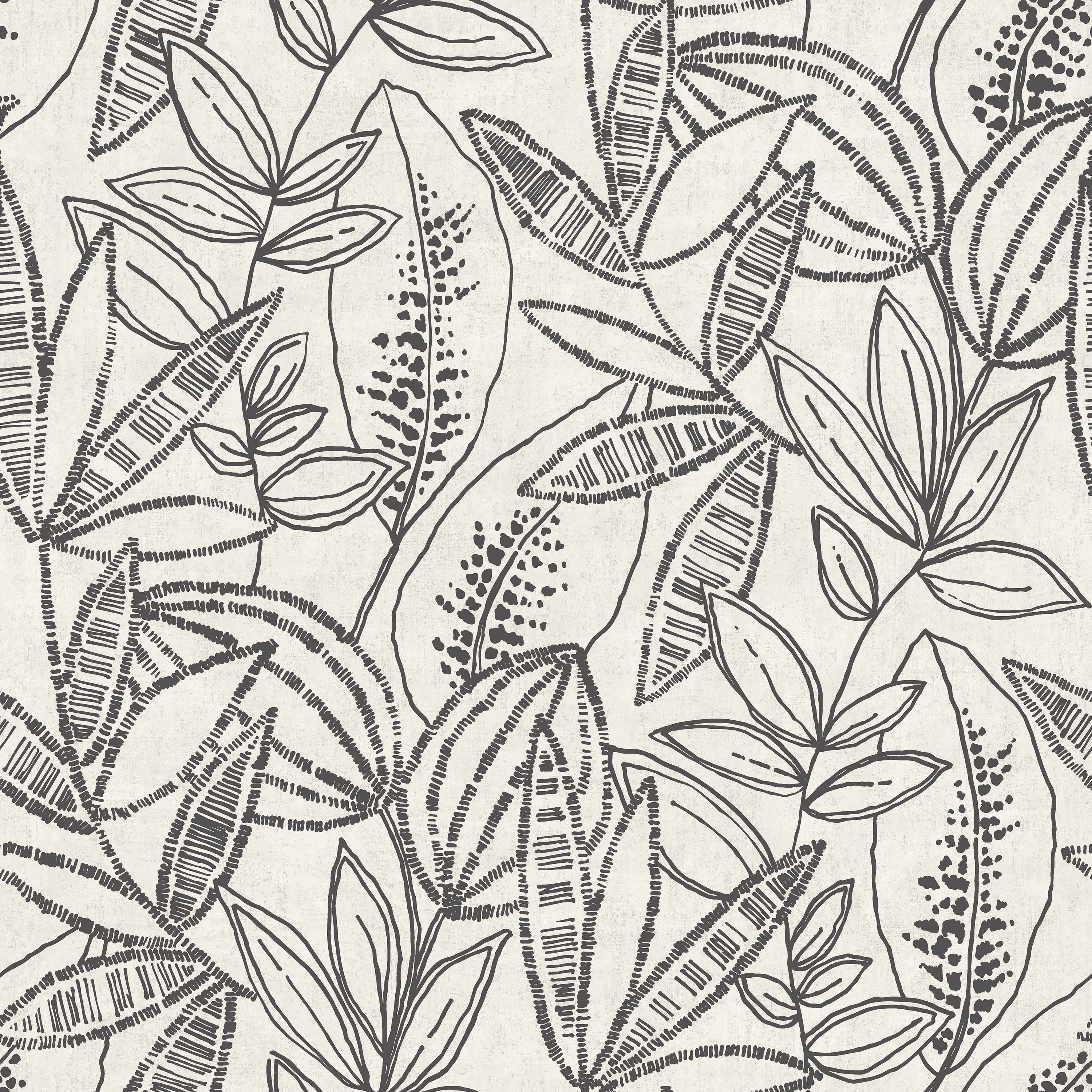 Grandeco Valadera Stitched Sketched Leaves Blown Vinyl Wallpaper - Black White