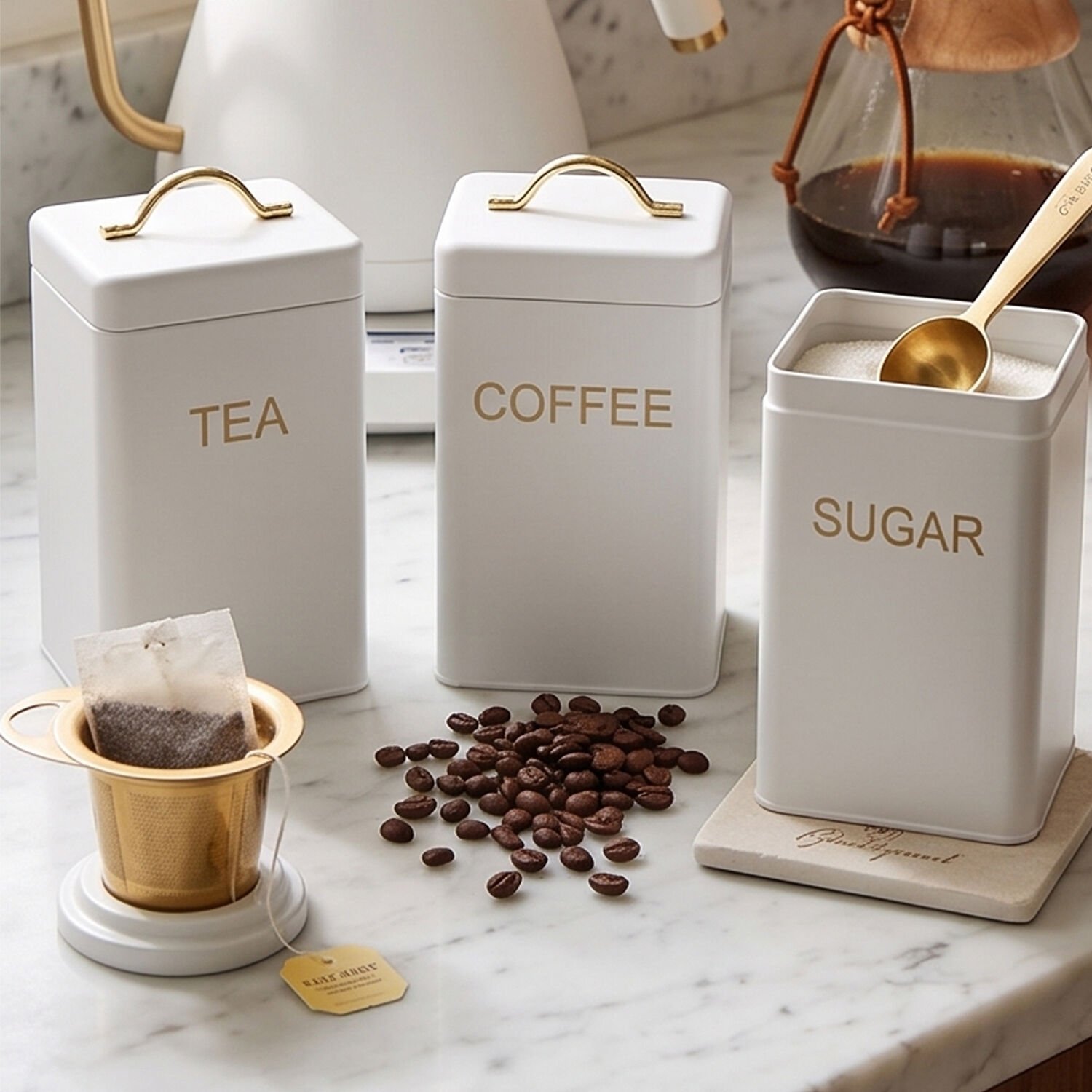 Orsina Set of 3 Tea, Coffee & Sugar Canister Set - Cream & Gold