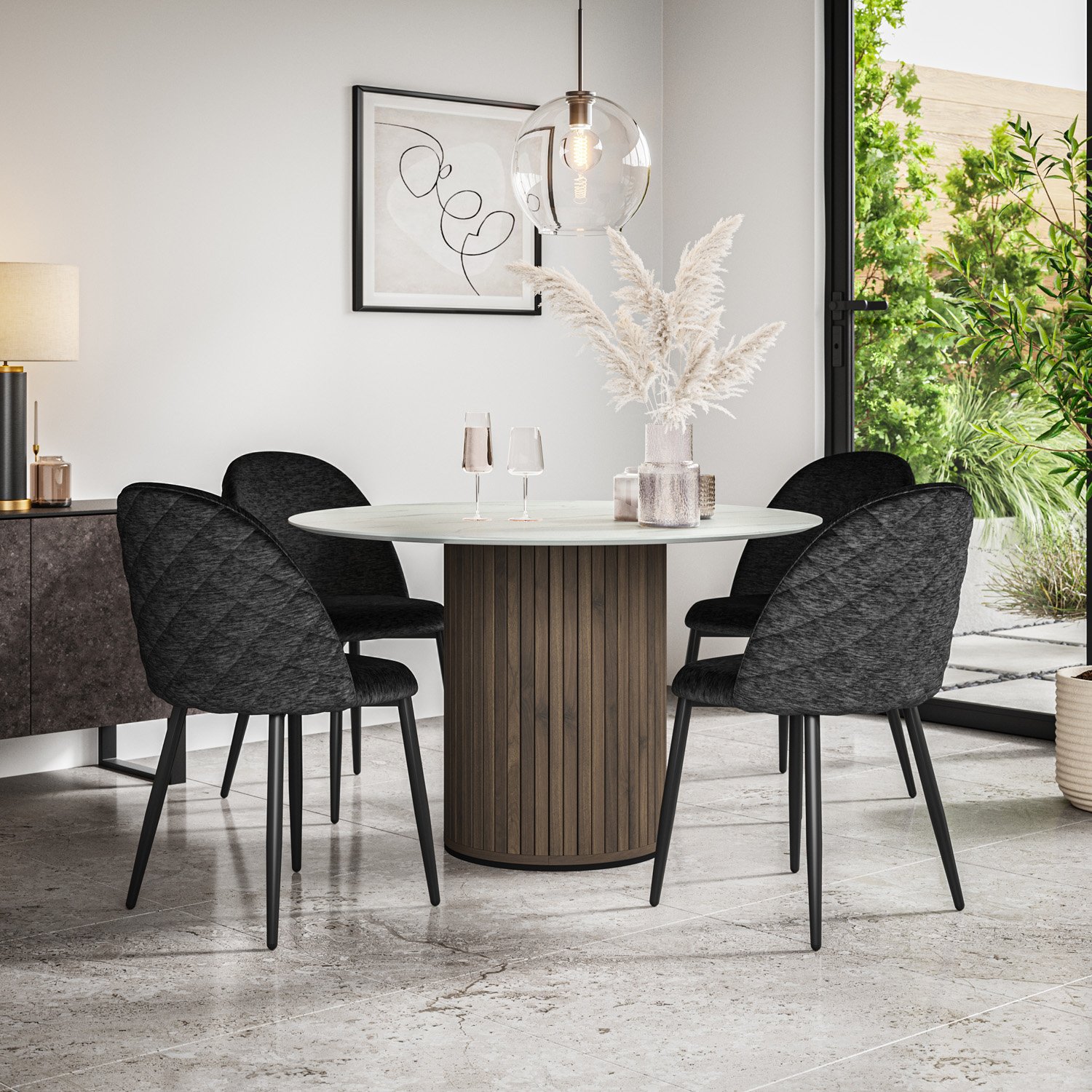 Furniture Online Arlo Raye Marble Top w Wal Legs Dining Table & 4 Black Chairs