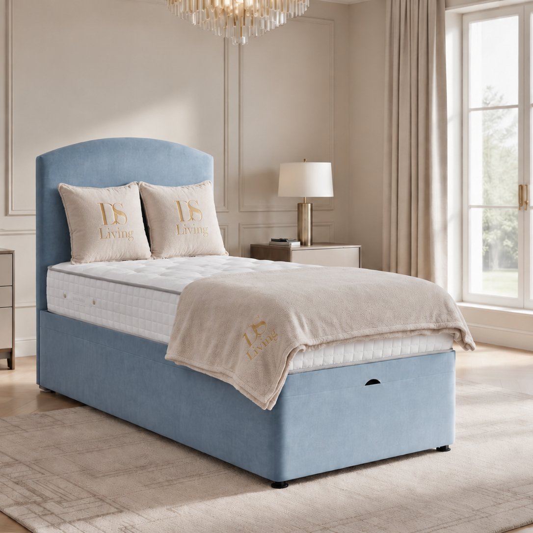 DS Living Opulence Single Upholstered Ottoman Bed Frame - Sky Blue