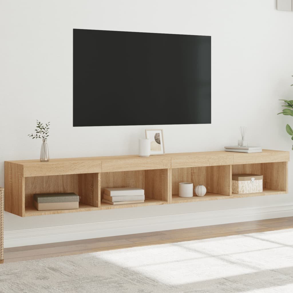 Walplus Pack of 2 LED Engineered Wood TV Cabinet - Light Oak - 100 x 30 x 30 cm