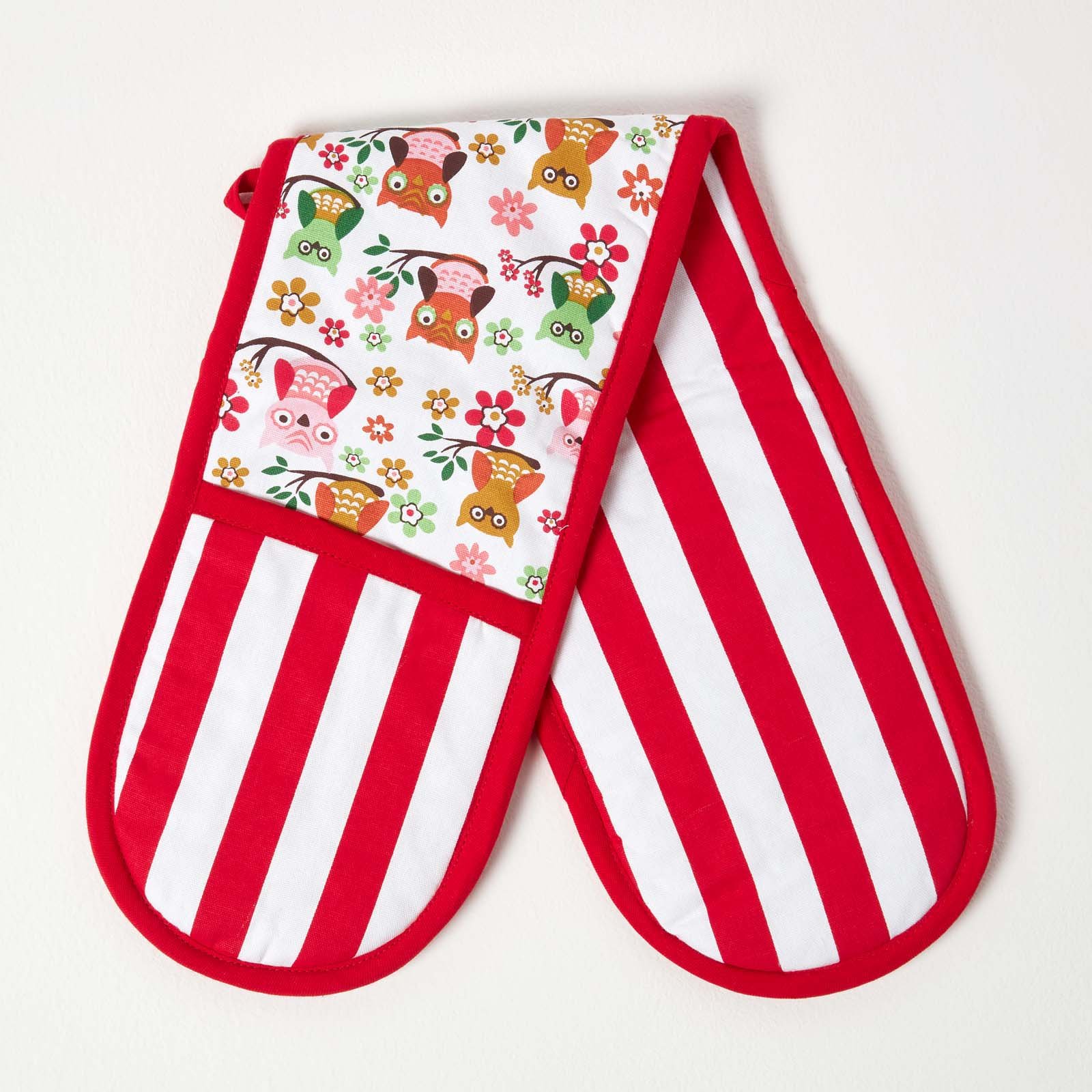 Homescapes Red Owls Cotton Double Oven Glove - Red