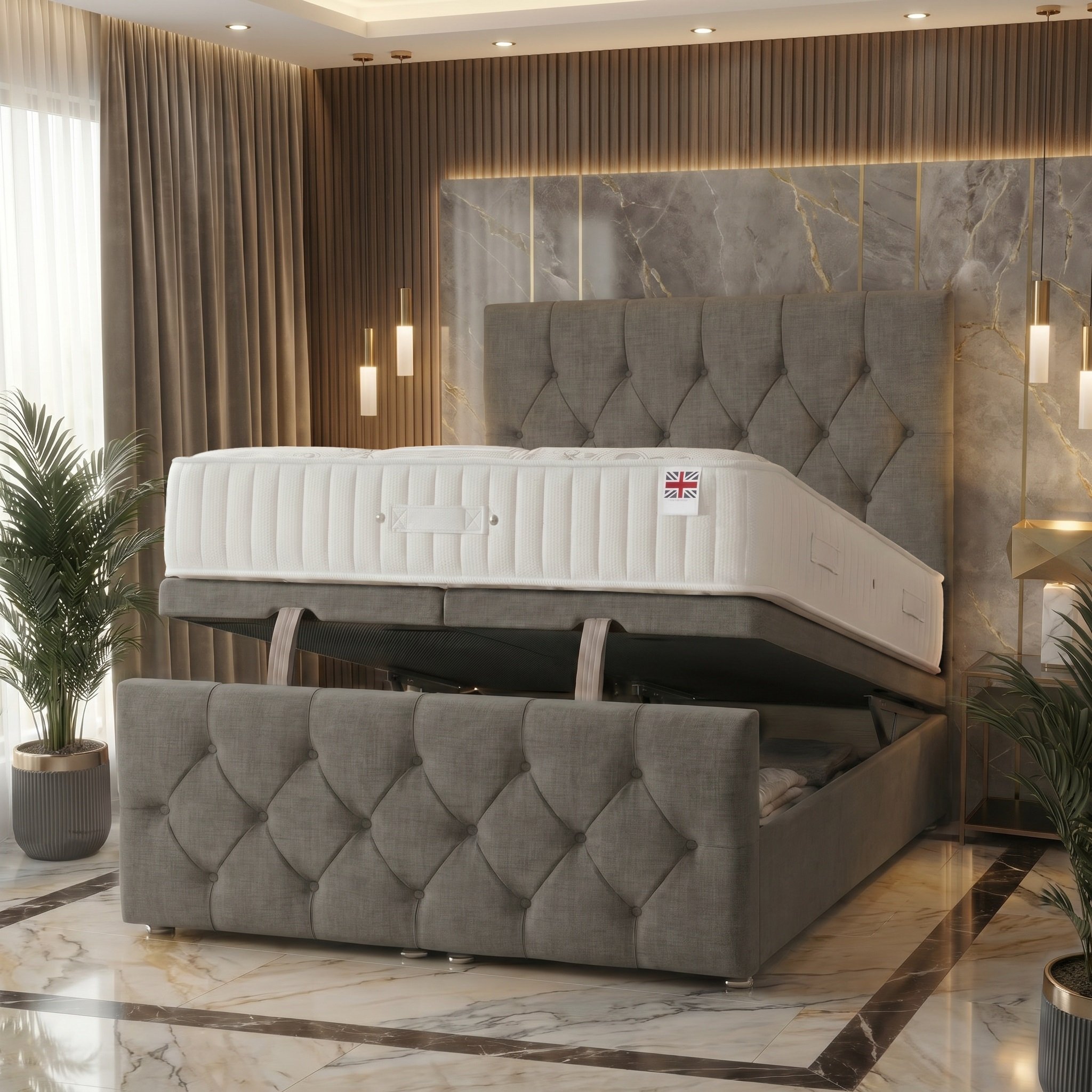 Somnior Chester Linen Small Single Ottoman Bed with Ortho Mattress - Silver