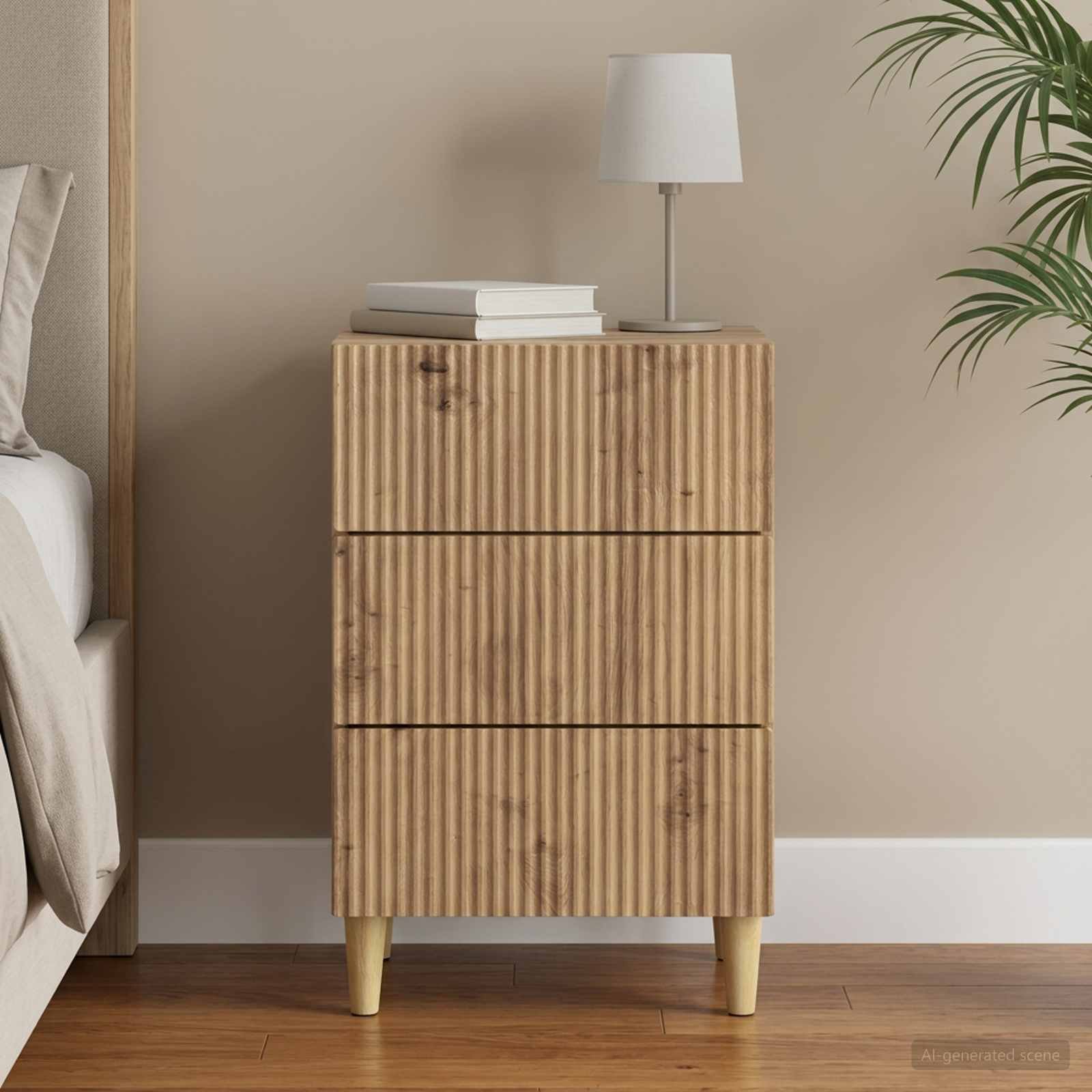 Walplus 3 Drawer Bedside Cabinet Wood Legs - Oak - 43 x 41 x 66.5 cm