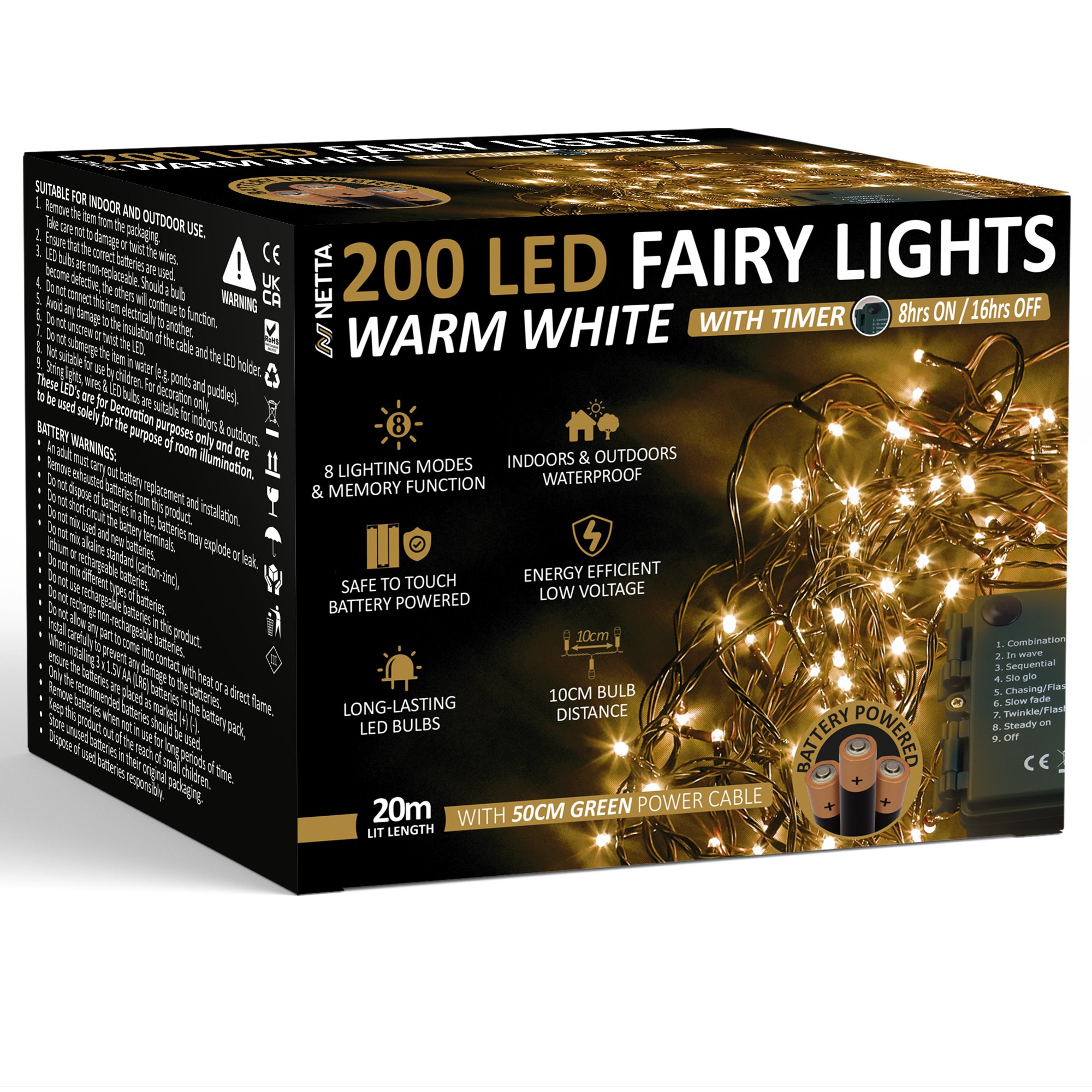 NETTA 20m 200 LED Battery Operated Christmas Fairy Lights - Warm White