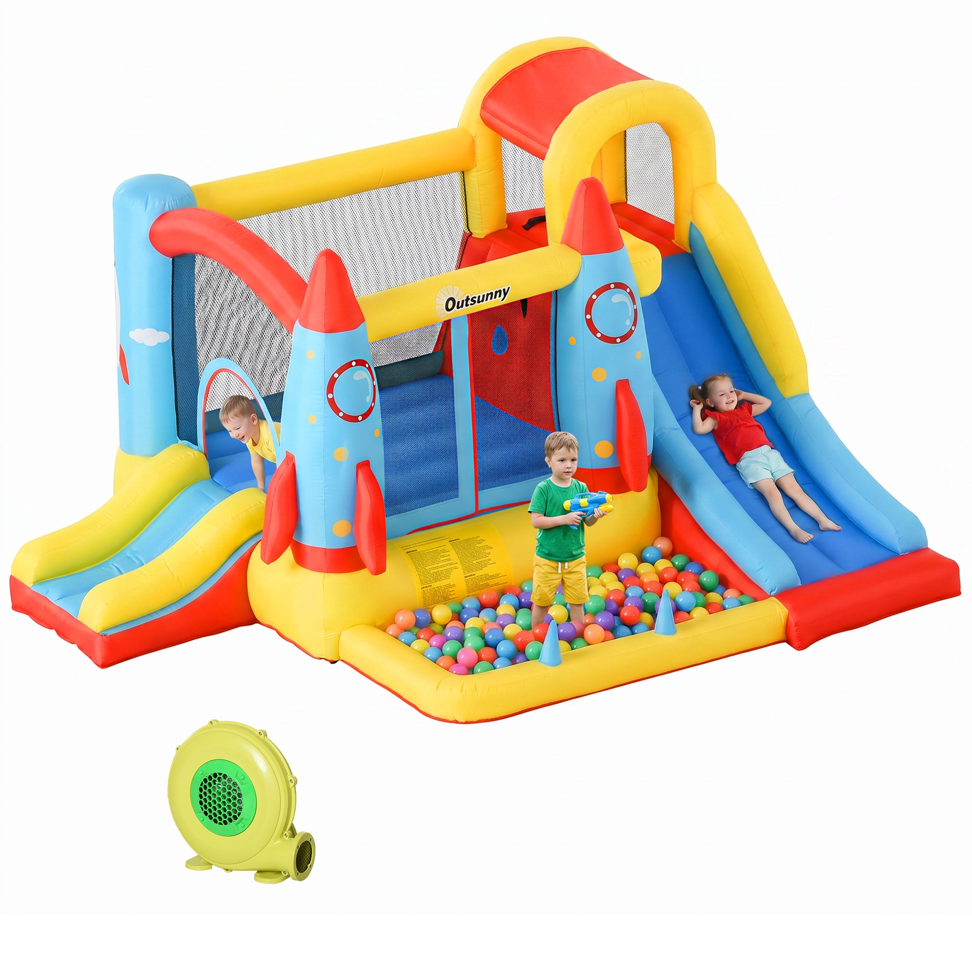 Outsunny 3 in 1 3-8 Years Rocket Dual Slide Bouncy Castle – Red