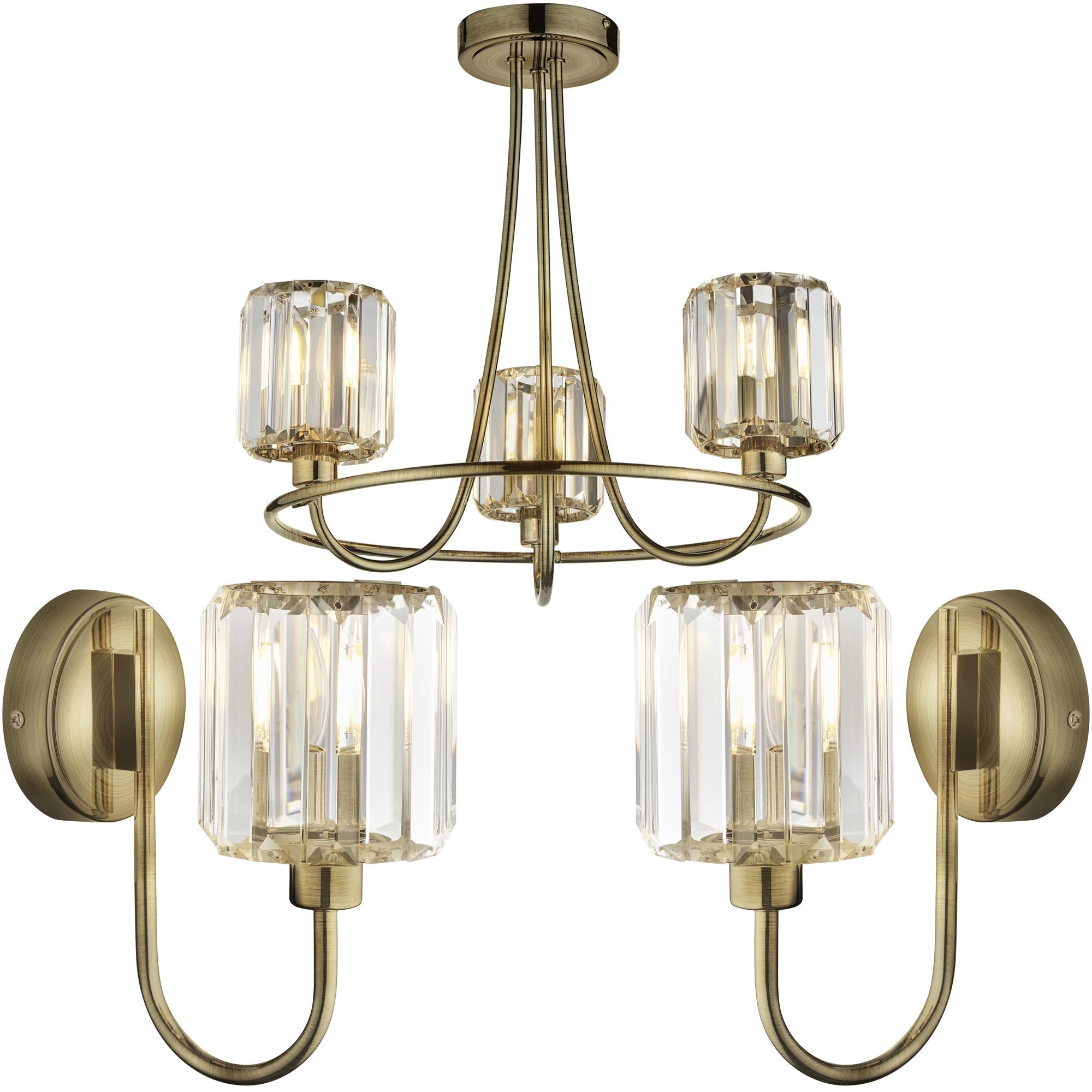 Loops Direct Glass and Steel Ceiling Light and Wall Lights - Antique Brass