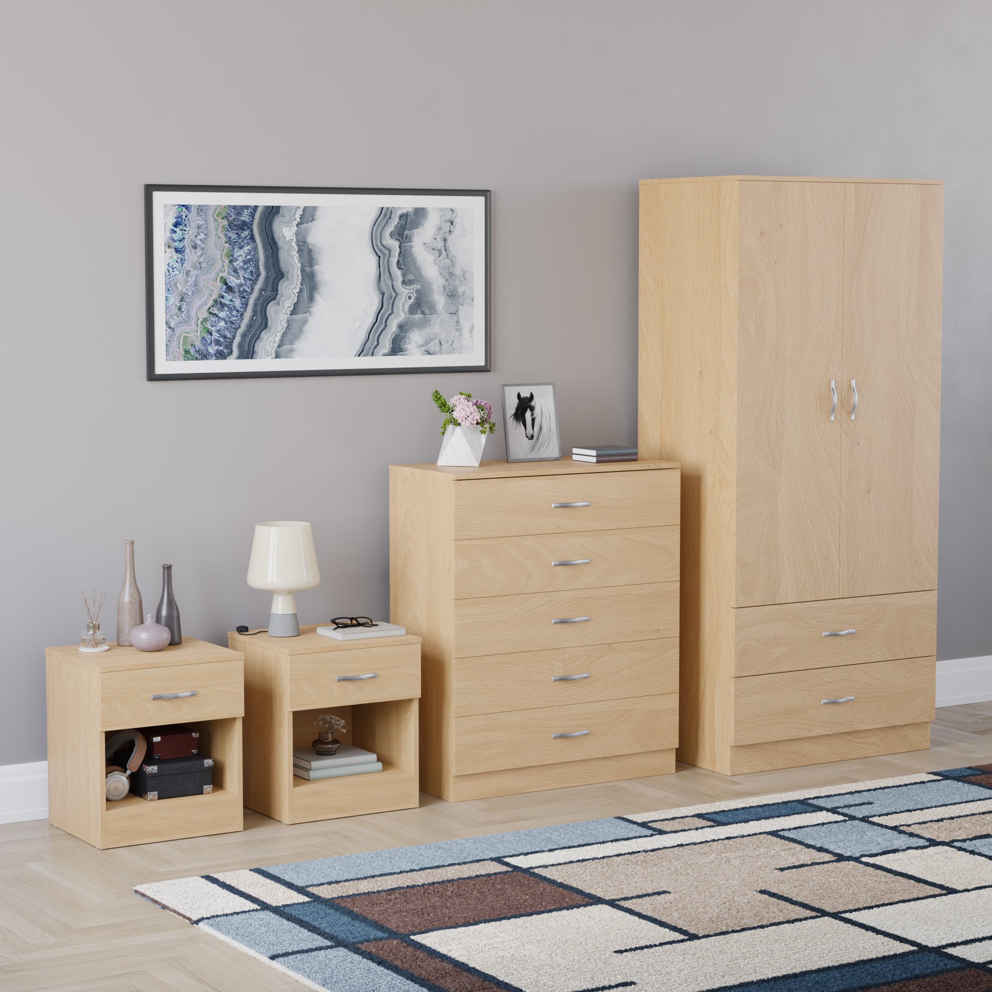 Vida Designs Riano Bedroom Set (Bedsides, 5 Drawer Chest, 2x2 Wardrobe) - Pine