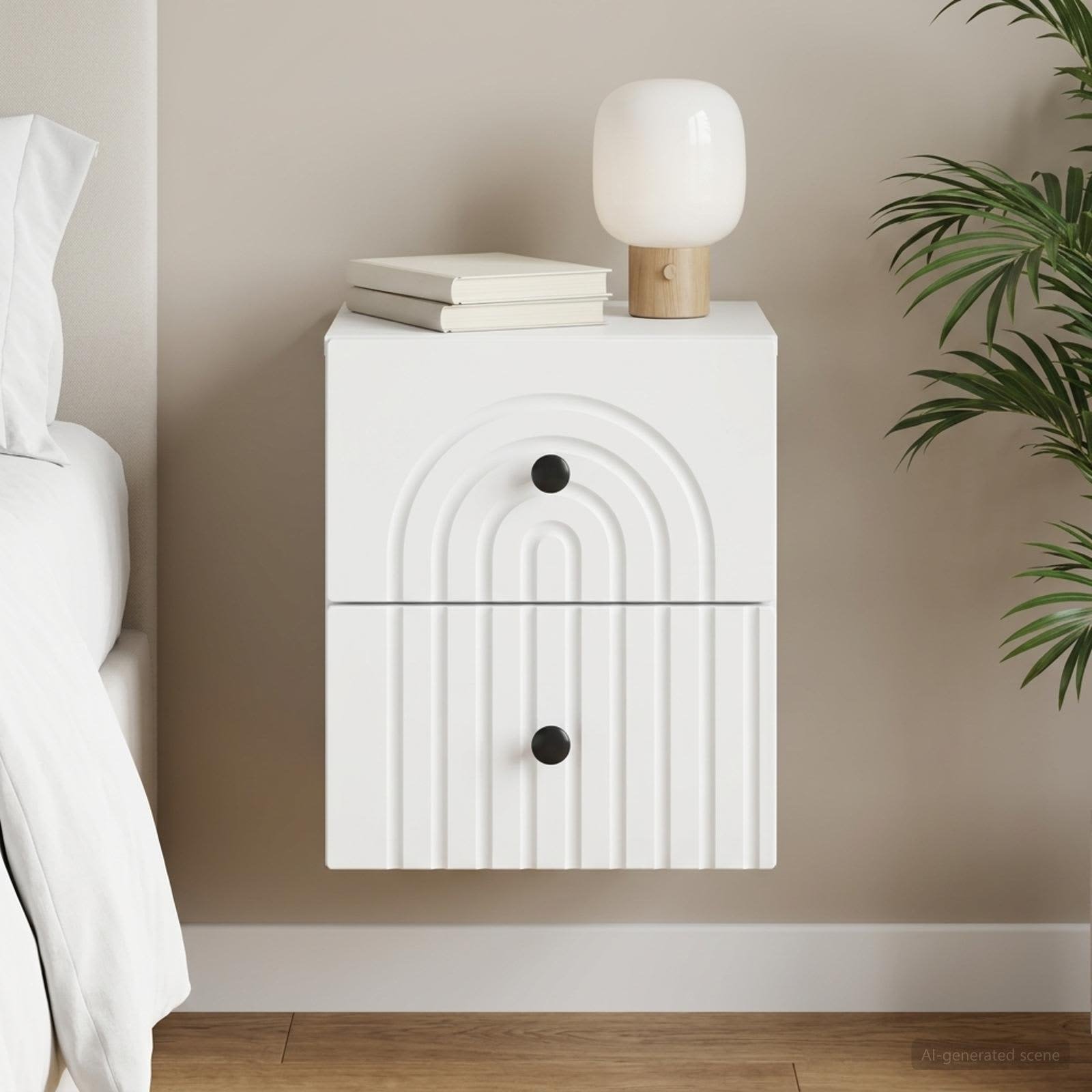 Walplus Engineered Wood Wall Mounted Bedside Cabinet - White - 33 x 34.5 x 40 cm