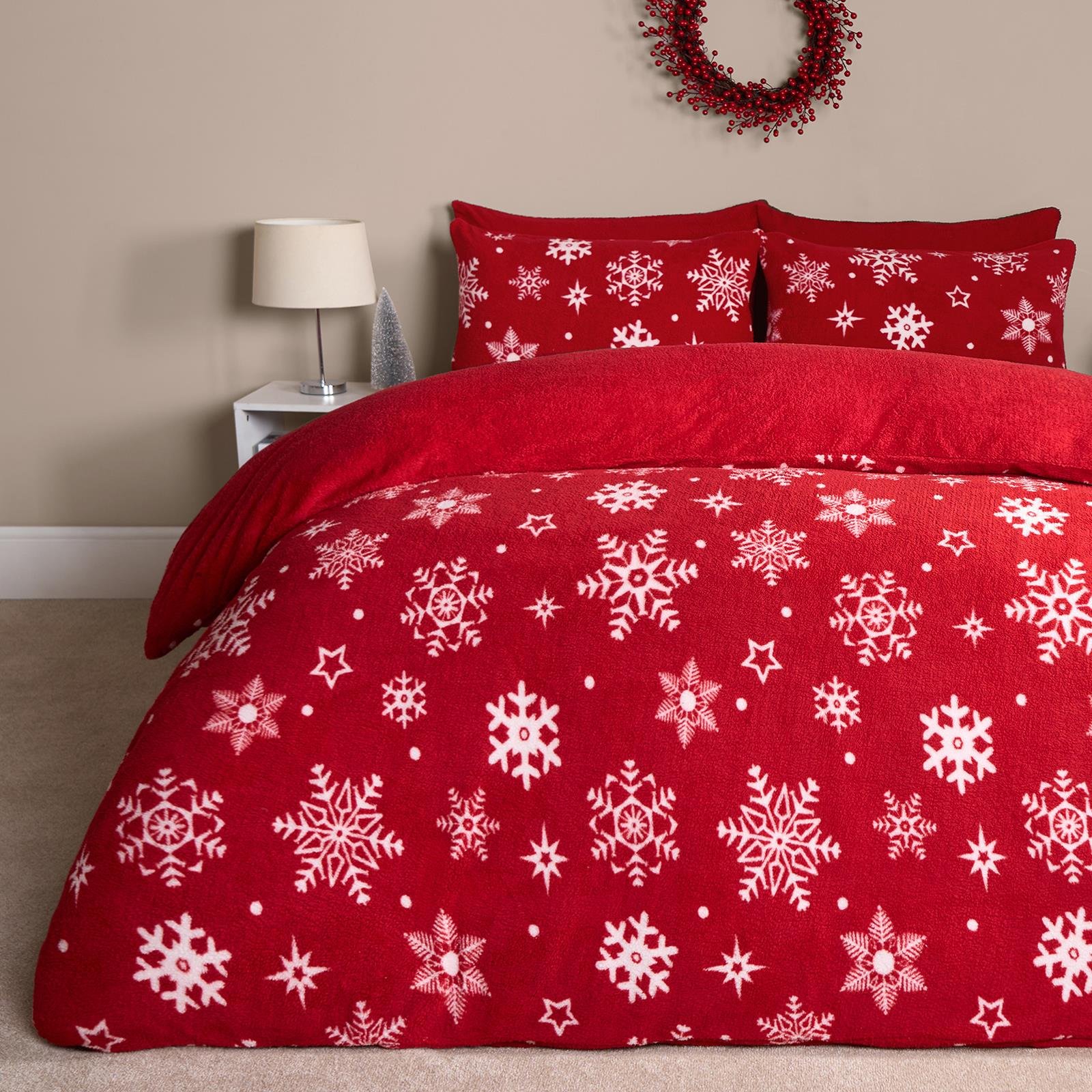 OHS Snowflake Xmas Teddy Fleece Duvet Cover Set Red - Double