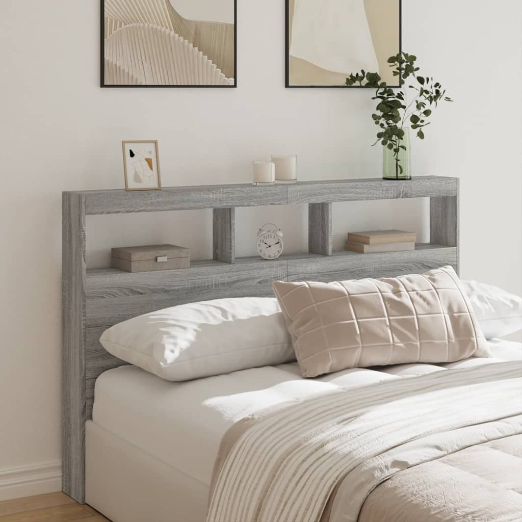 Walplus Engineered Wood LED Headboard Cabinet - Grey and Oak - 160 x 17 x 102 cm