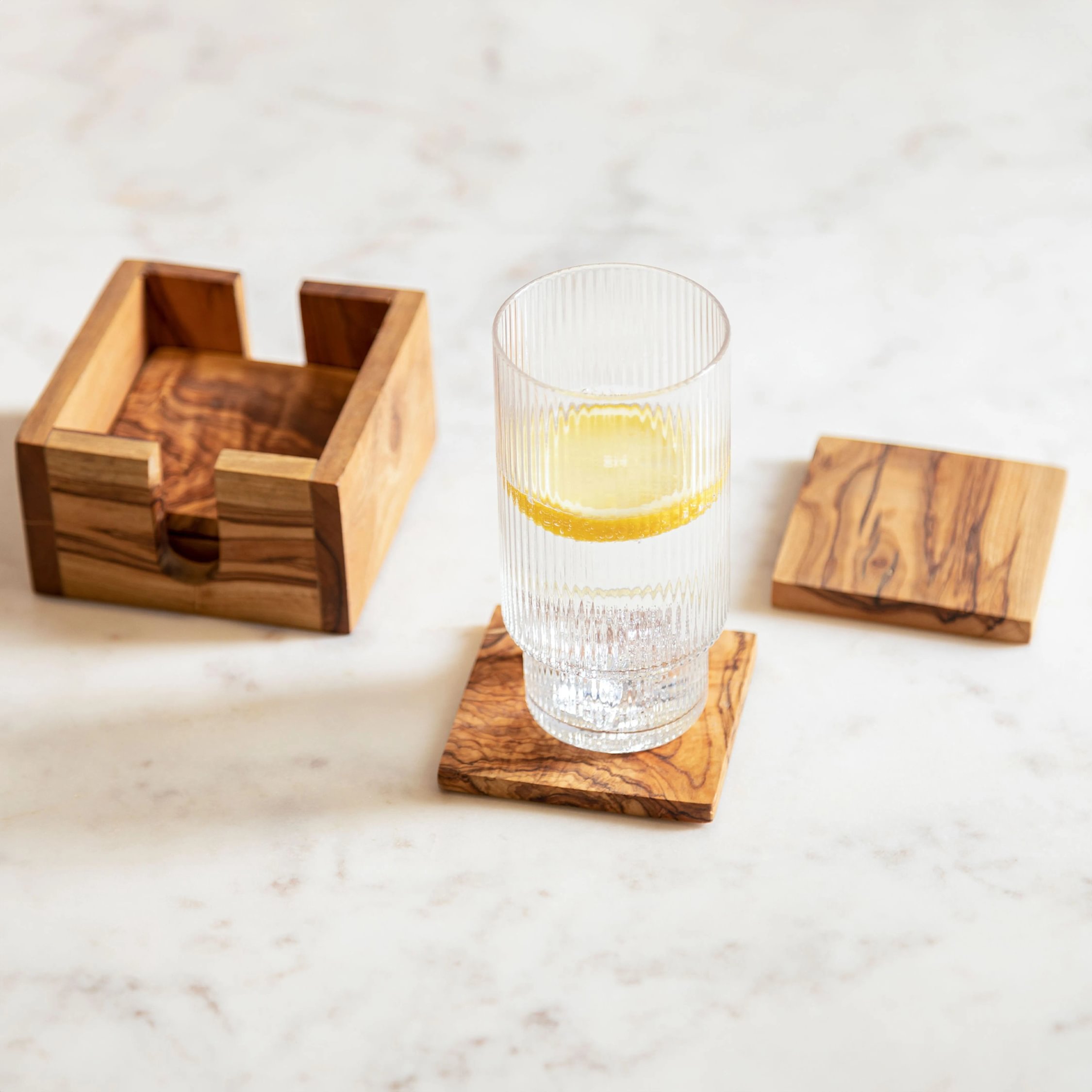 Orsina Set Of 4 Kora Olive Wood Square Coasters - Brown