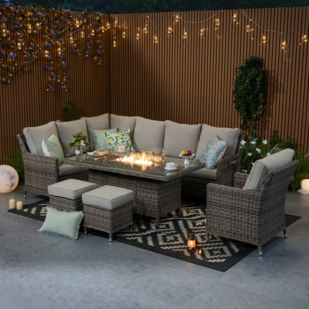 Furniture Maxi Hampton Rattan Effect 9 Seater Fire Pit Dining Set-Natural