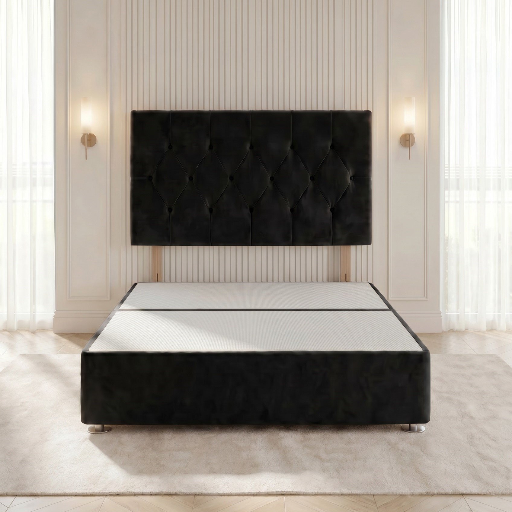 Somnior Chester Velvet Super King Divan Bed with Headboard - Black