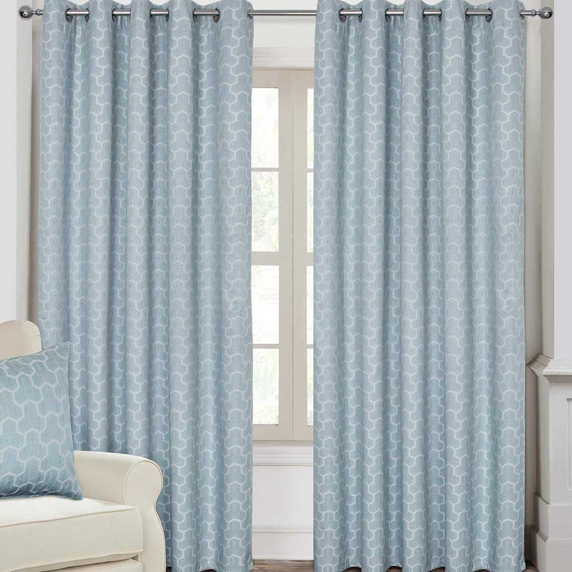 Homescapes Blue Geometric Jacquard Blackout Eyelet Curtains - 228cm x 182cm