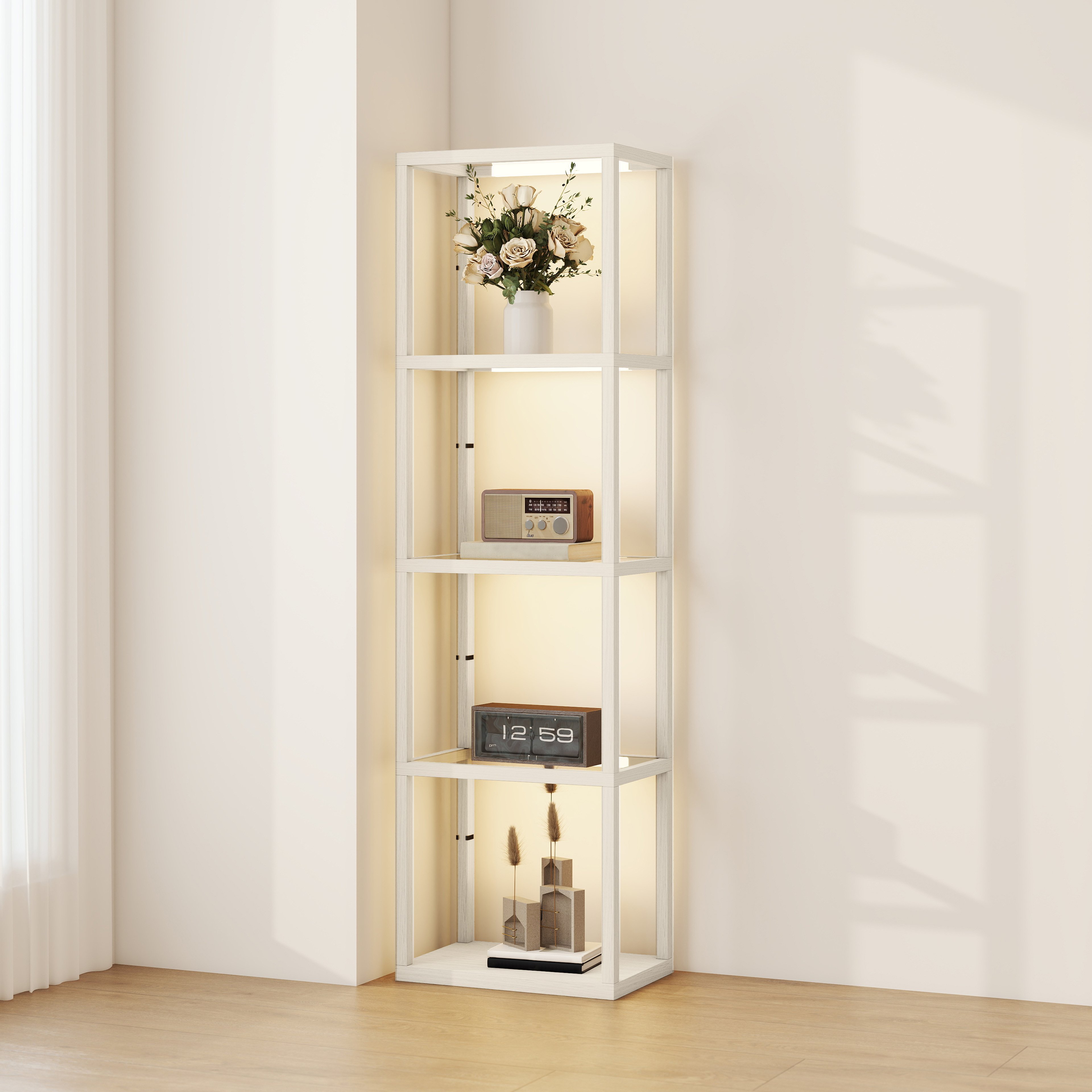 HOMCOM 4 Layers Dimmable LED Floor Lamp with Glass Shelves - Bleached Oak
