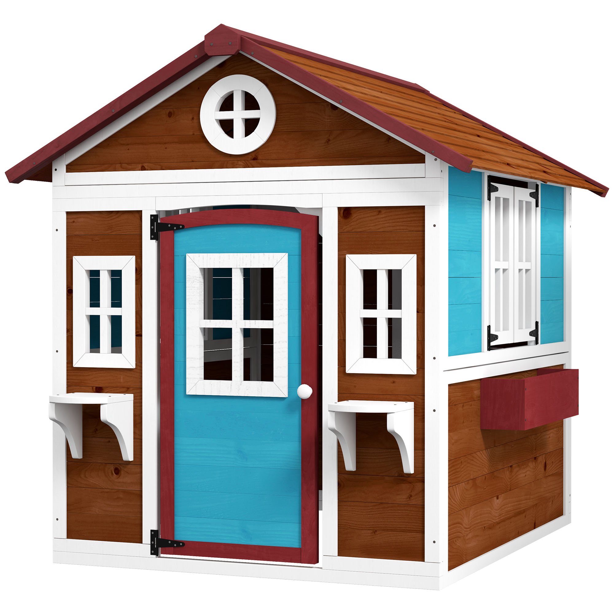 Outsunny Wooden Outdoor Kids Playhouse with Windows Plant Pots - Dark Brown