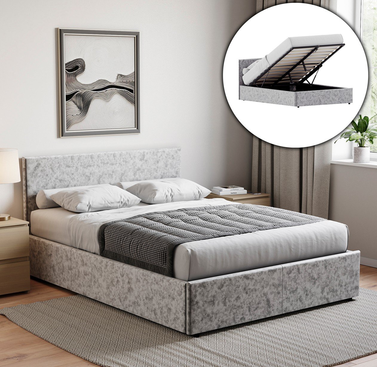 Vida Designs Veronica Velvet UKFR 4ft6 Double Ottoman Bed Frame - Silver