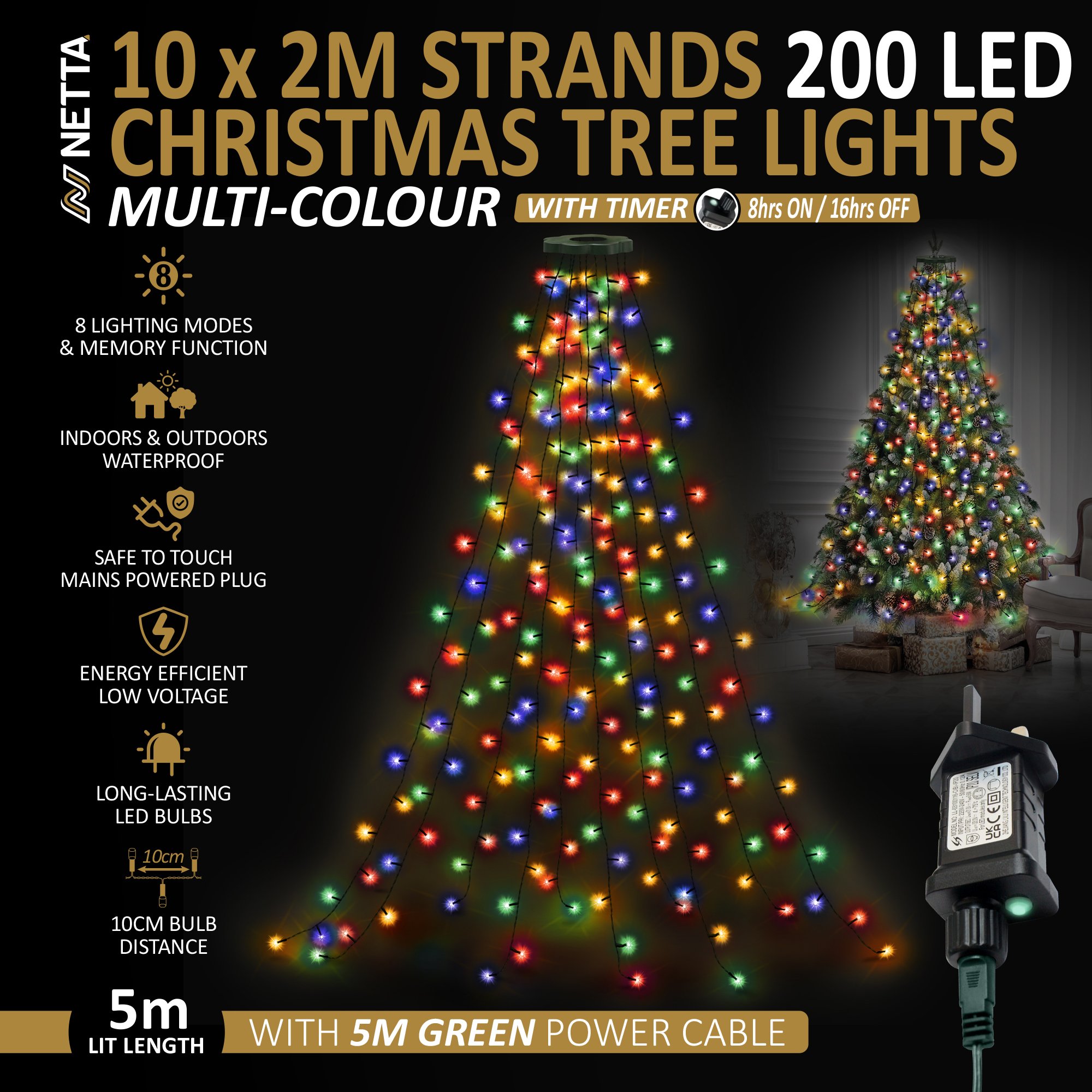 NETTA 2m 200 LED Christmas Tree Fairy String Lights - Multicolour