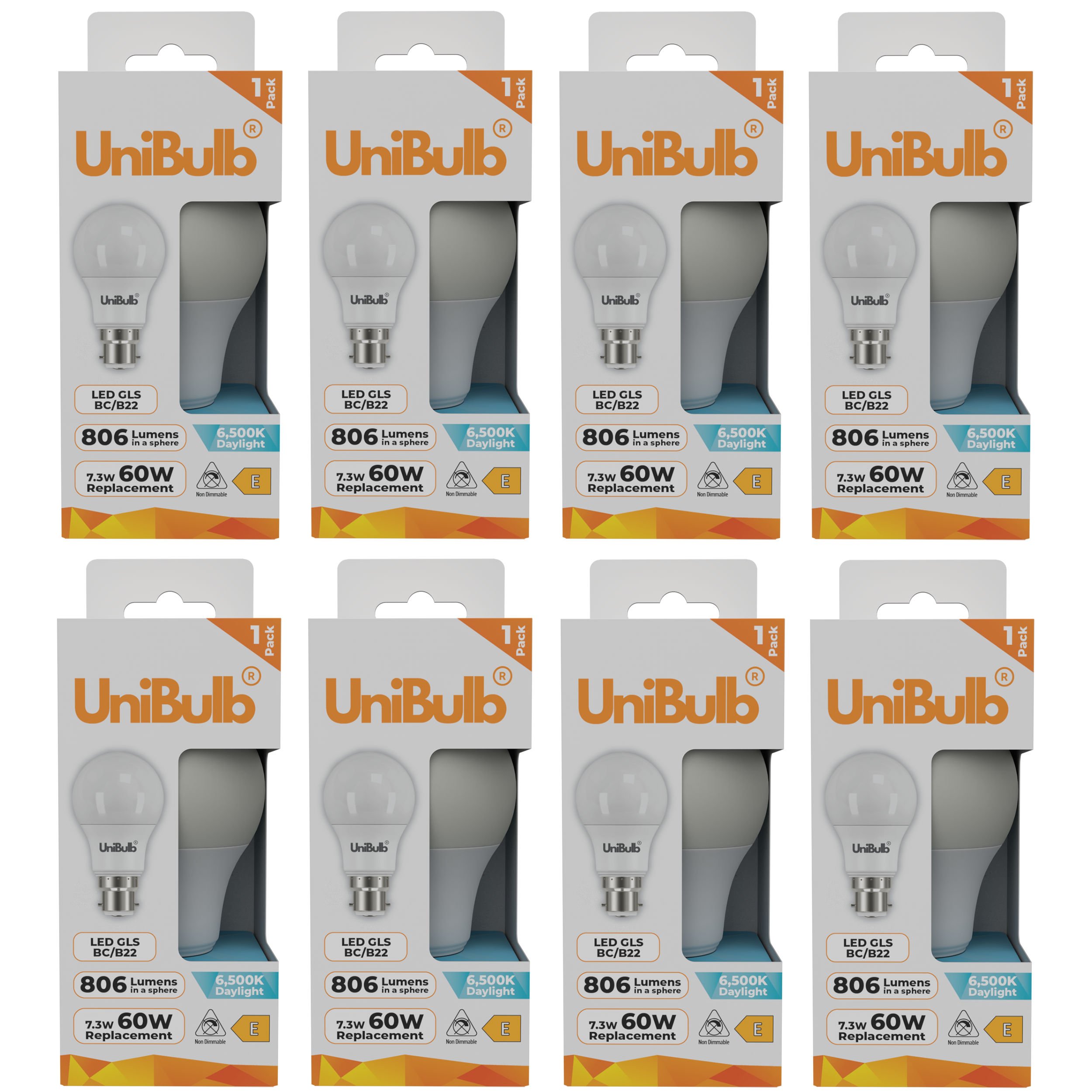 UniBulb 7.3W LED Daylight GLS B22 Light Bulb - Pack of 8