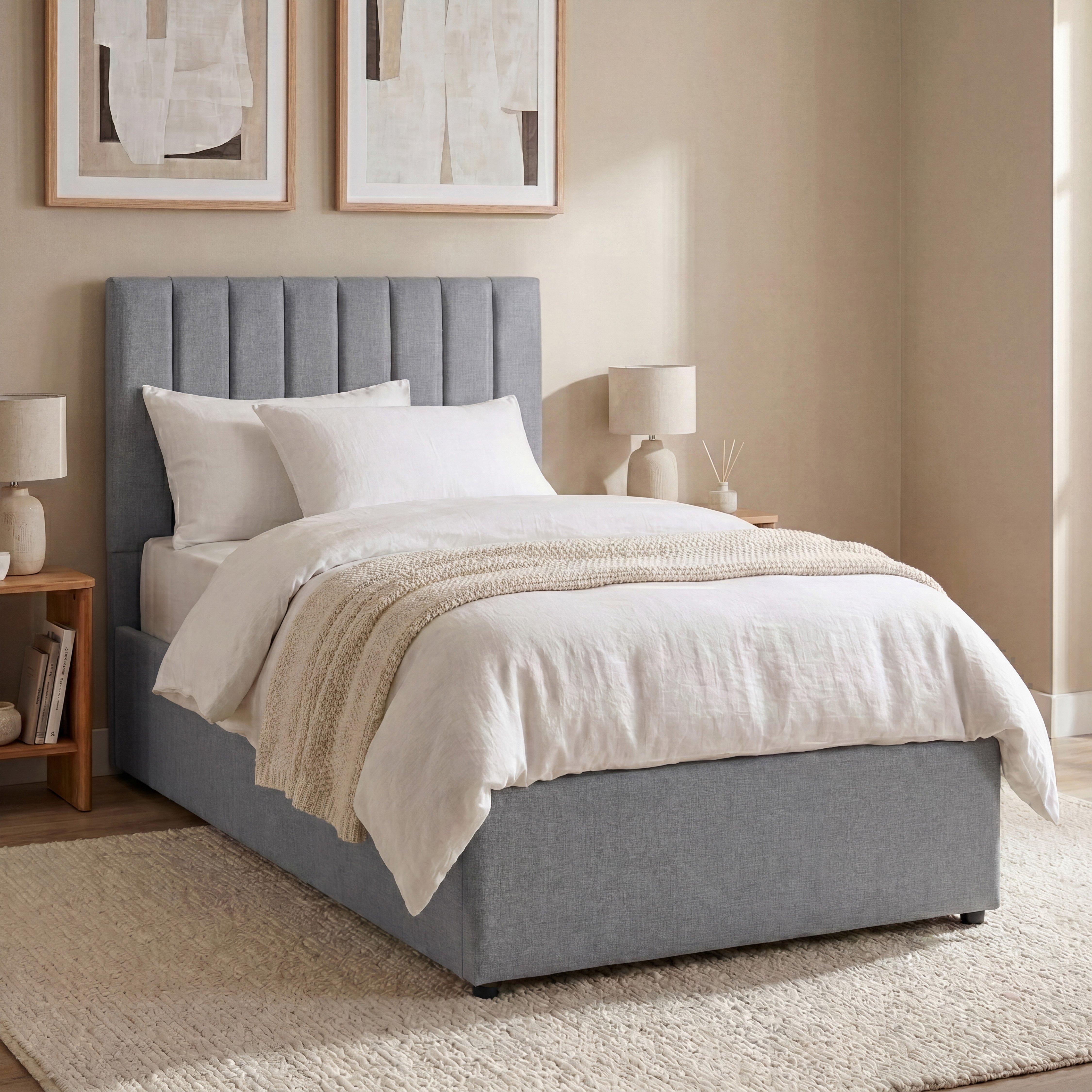 Vida Designs Vellaro Single Ottoman Linen Fabric Bed Frame - Light Grey