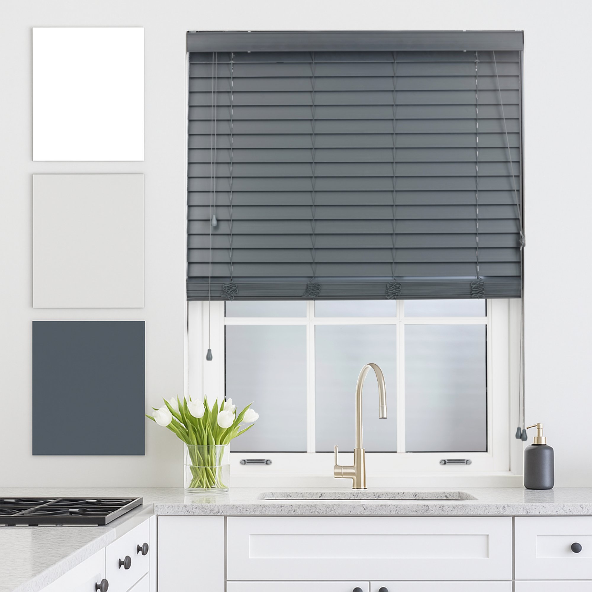 Furnished Dark Grey Faux Wood Venetian Blind with String - 150 x 150cm