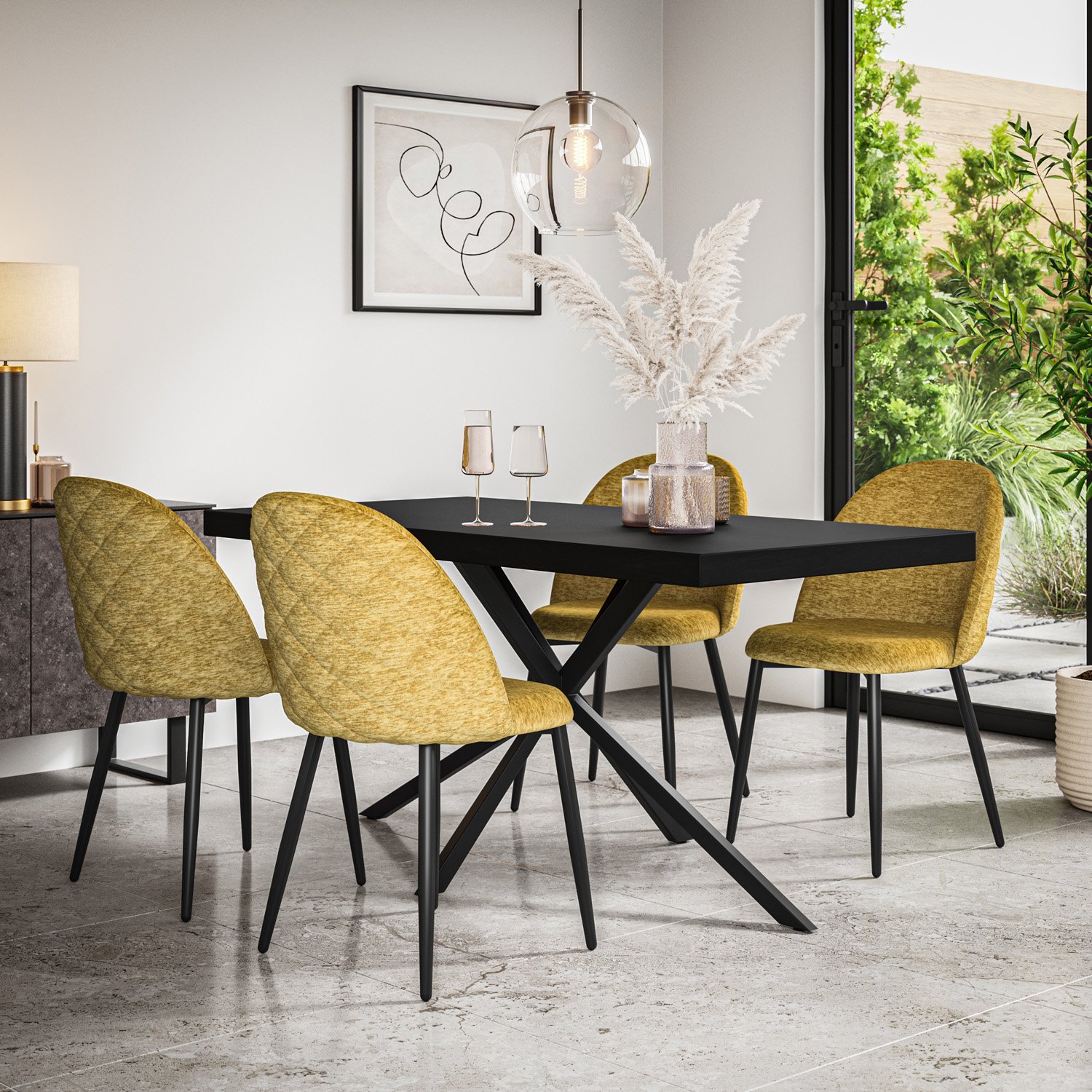 Furniture Online Donni Black Dining Table & 4 Raye Mustard Chairs