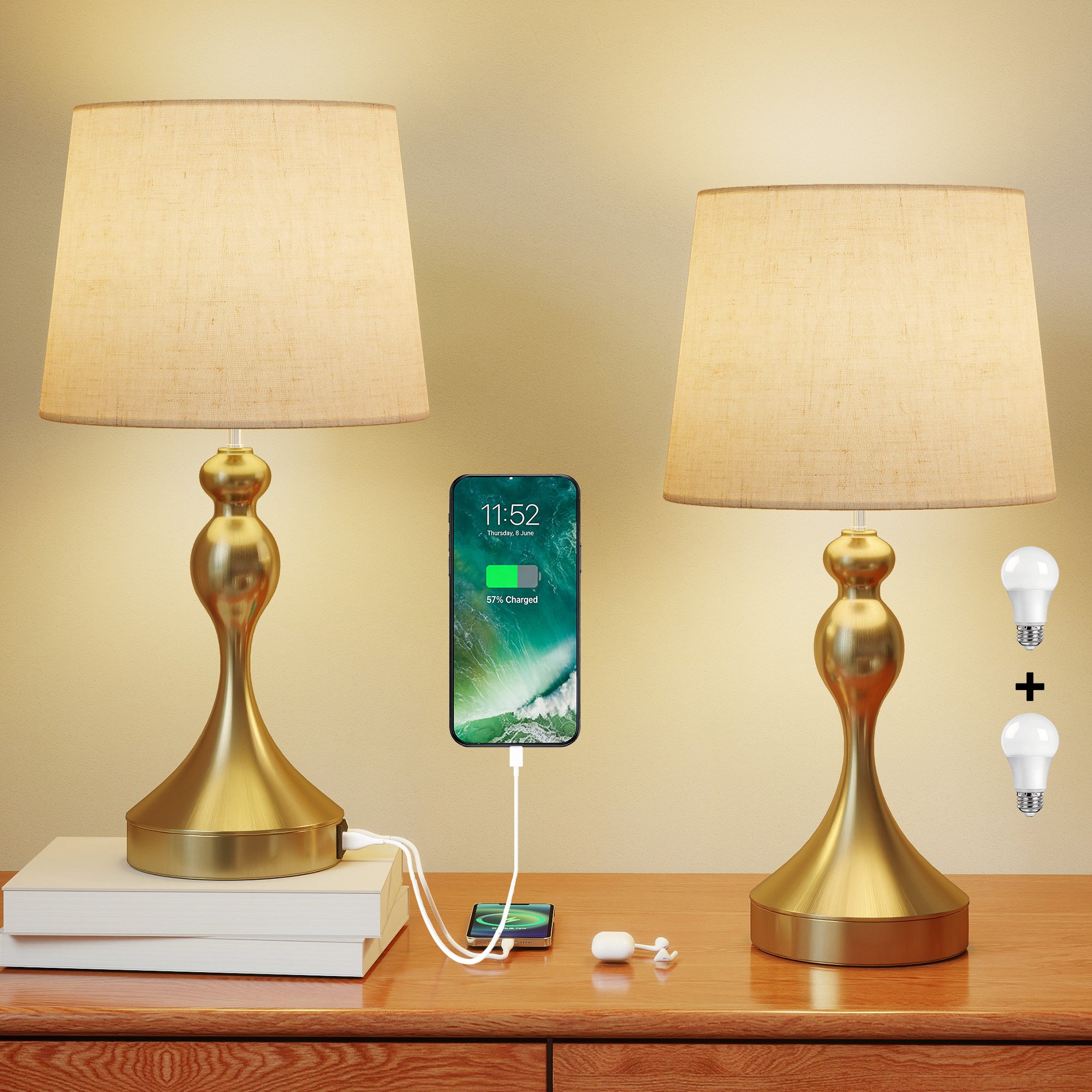 HOMCOM Set of 2 LED Table Lamps Linen Shade - Gold