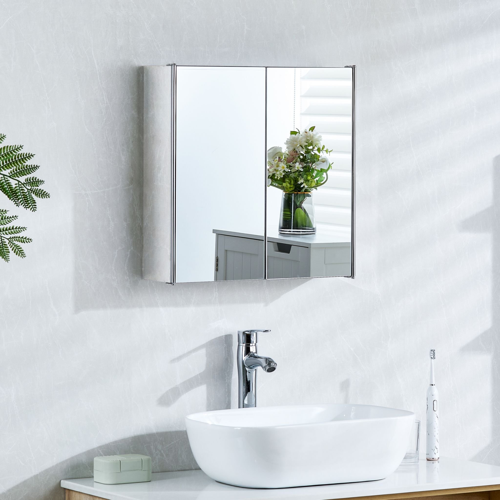 Bath Vida Tiano Stainless Steel Mirrored Double Cabinet - Silver