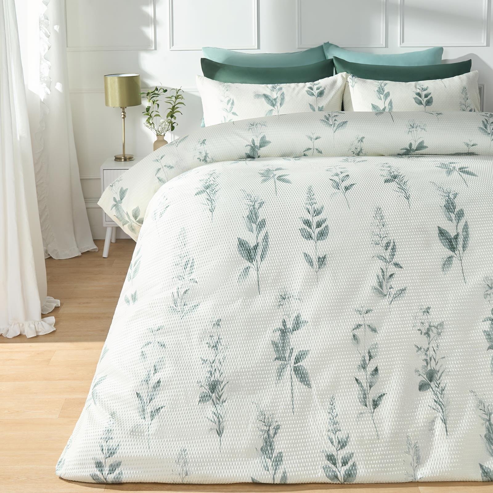 OHS Botanics Print Waffle Duvet Cover Set Bedding - Sage - Super King