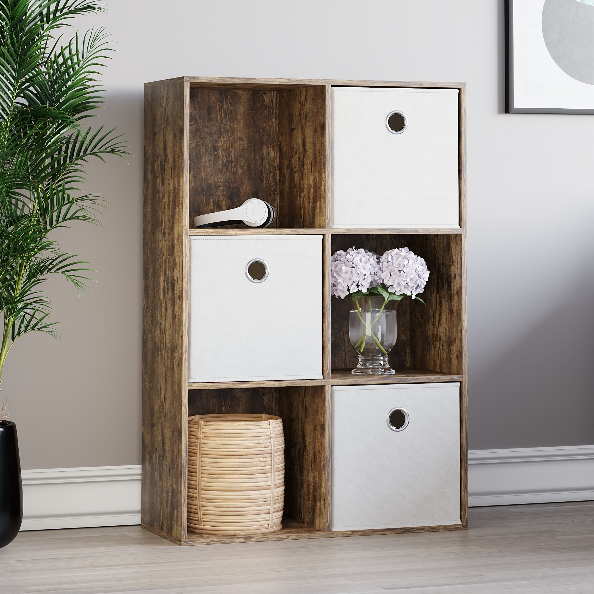 Vida Designs Durham 6 Cube Storage Unit with Set of 3 White Baskets - Dark Wood