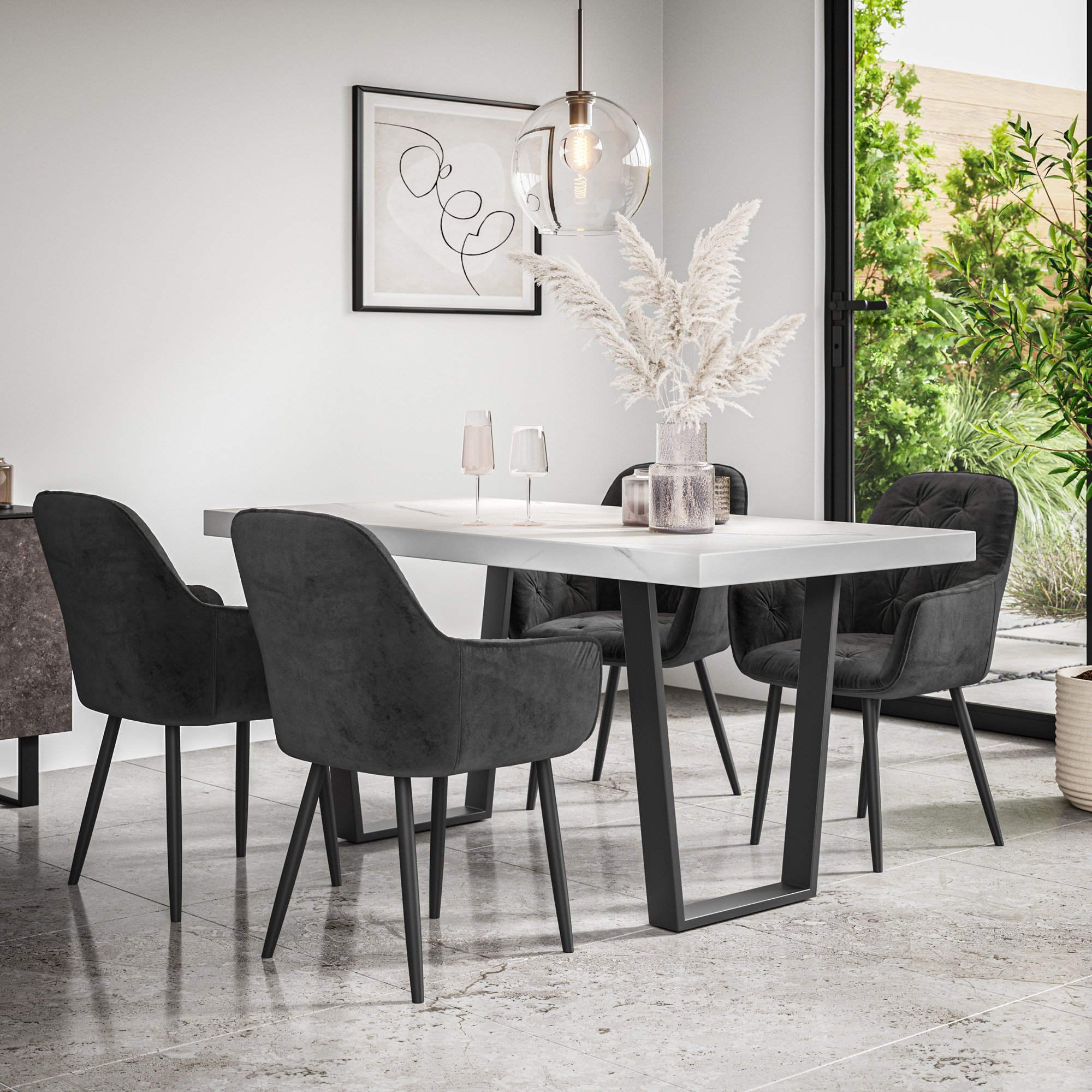 Furniture Online Aria Anika Marble Effect Dining Table & 6 Black Chairs