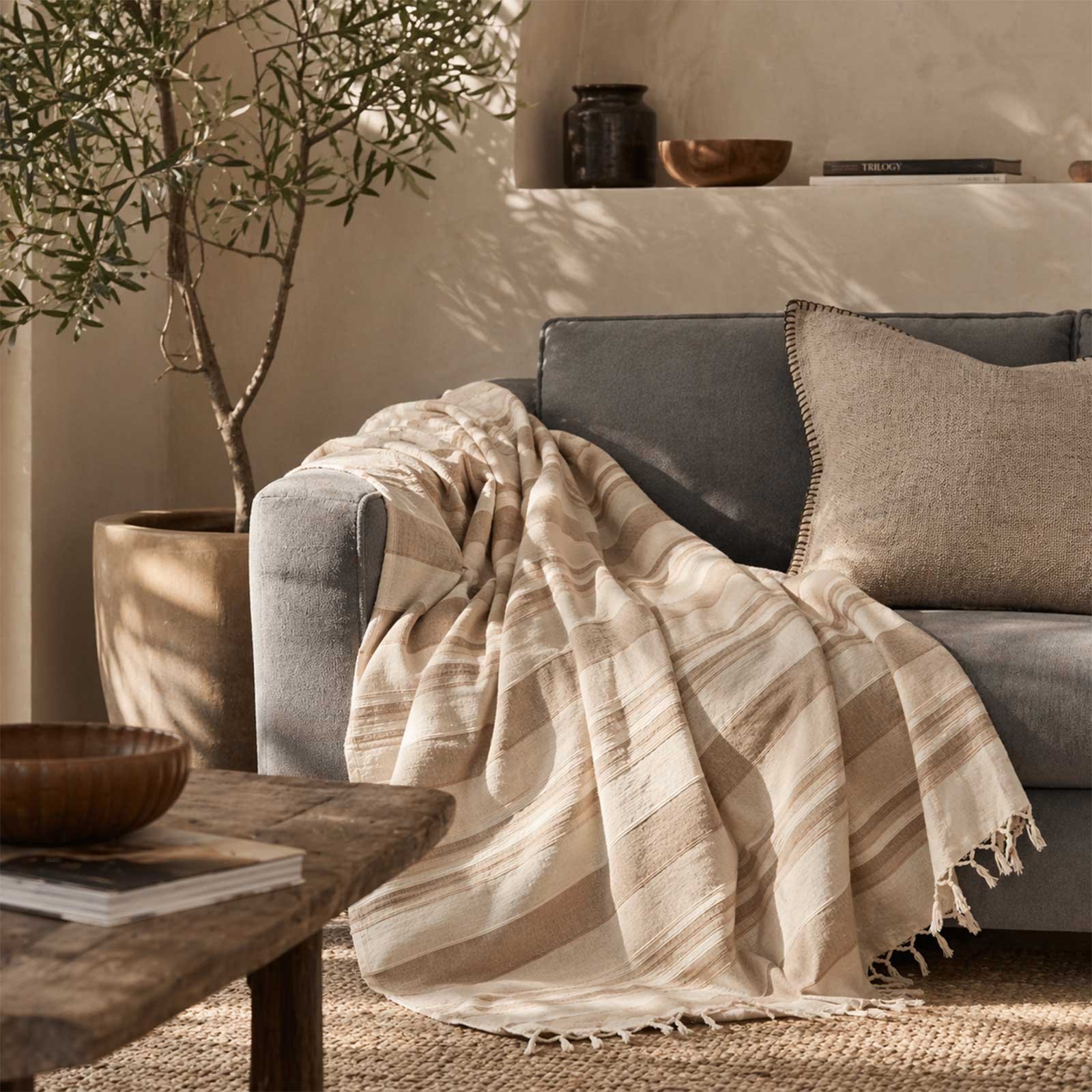 Homescapes Cotton Morocco Striped Throw - 255 x 360 cm - Beige