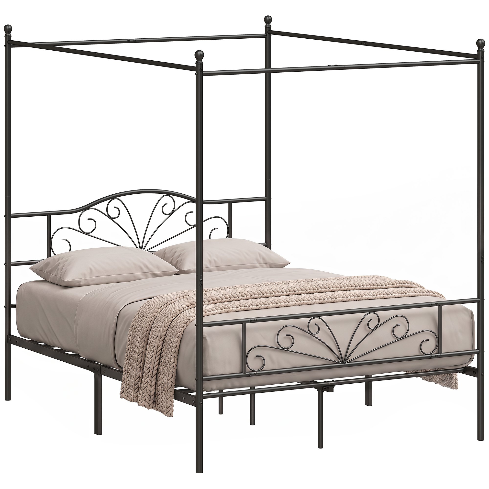 HOMCOM Canopy Bed Frame King Size with Headboard and Footboard - Black