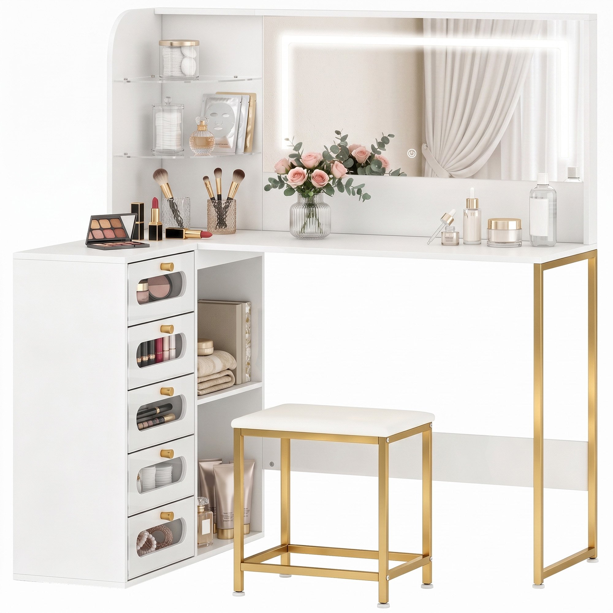 HOMCOM Dressing Table with Adjustable LED Mirror and Padded Stool - White
