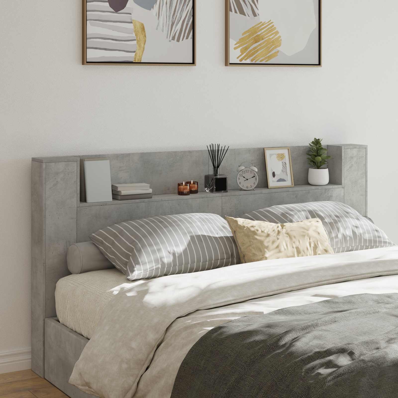 Walplus Wood LED Storage Headboard - Granite Grey - 200 x 16.5 x 103.5 cm