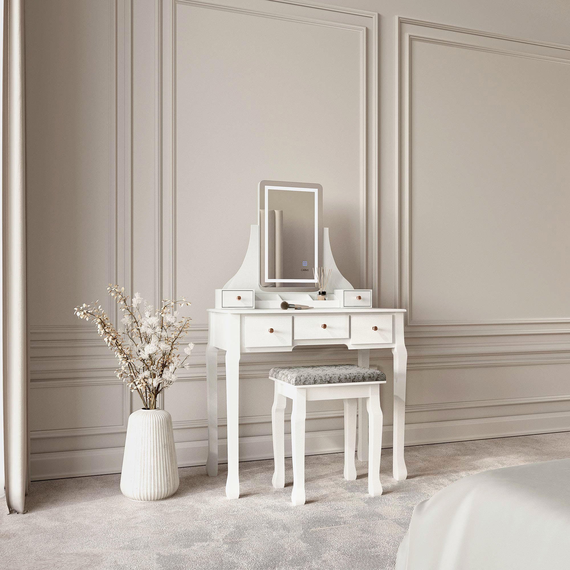 CARME Home Savannah Dressing Table & Stool set with LED Mirror Lights - White