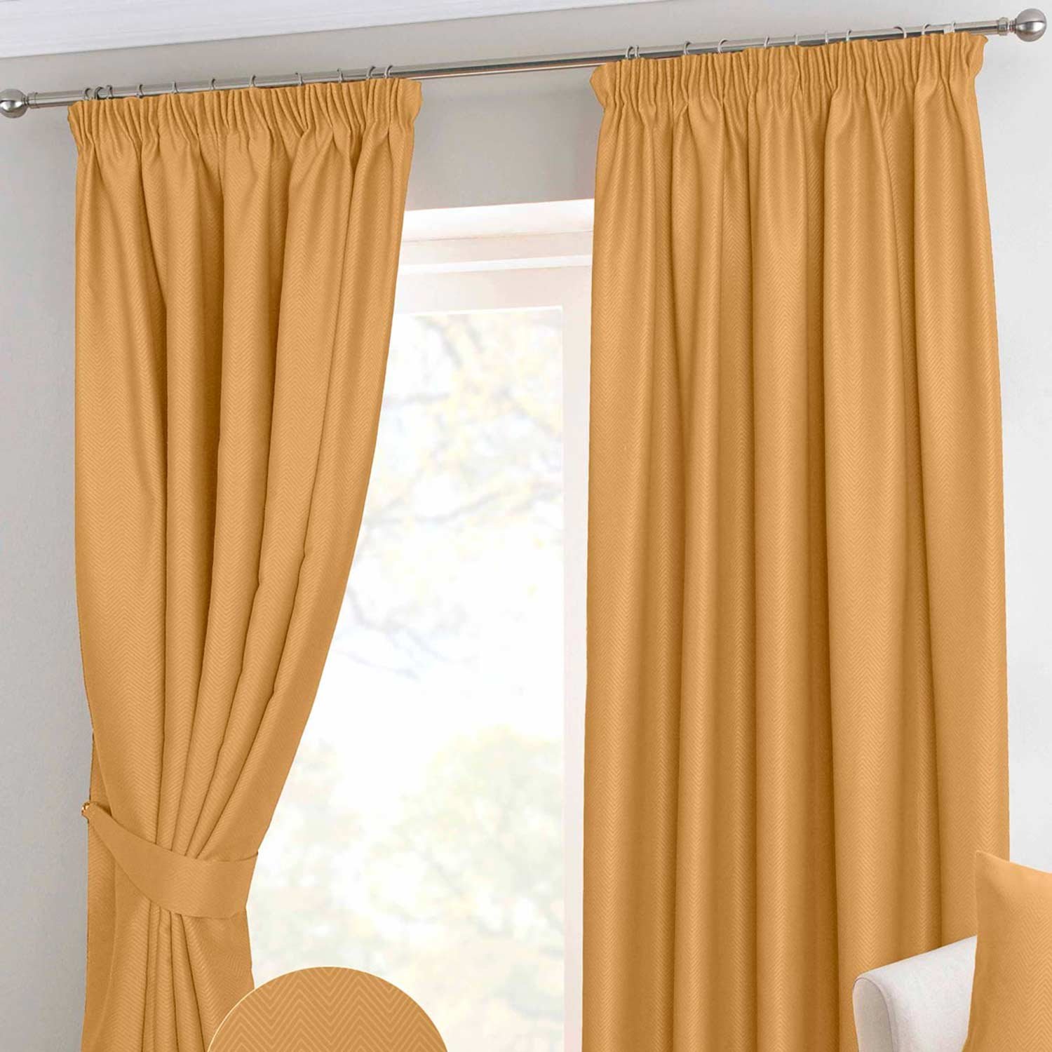 Homescapes Mustard Yellow Chevron Blackout Pencil Pleat Curtains - 117cm x 182cm