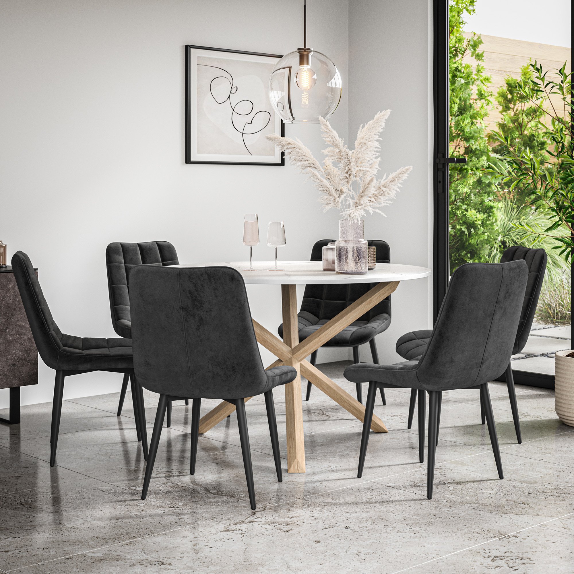 Furniture Online Malvern Nova Marble Top Dining Table & 6 Black Chairs