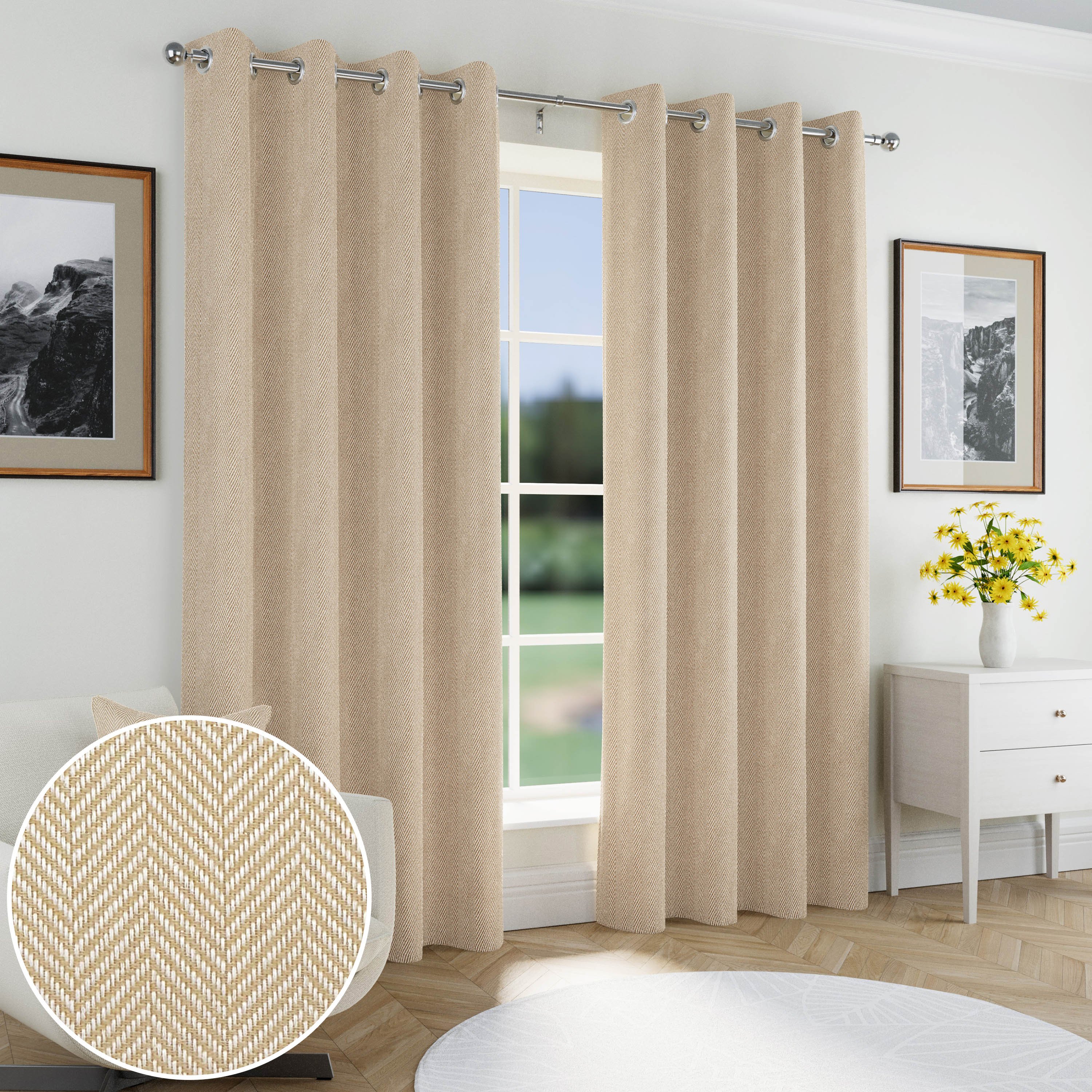 Enhanced Living Chester Eyelet Blackout Thermal Curtains - 168 x 229cm - Natural