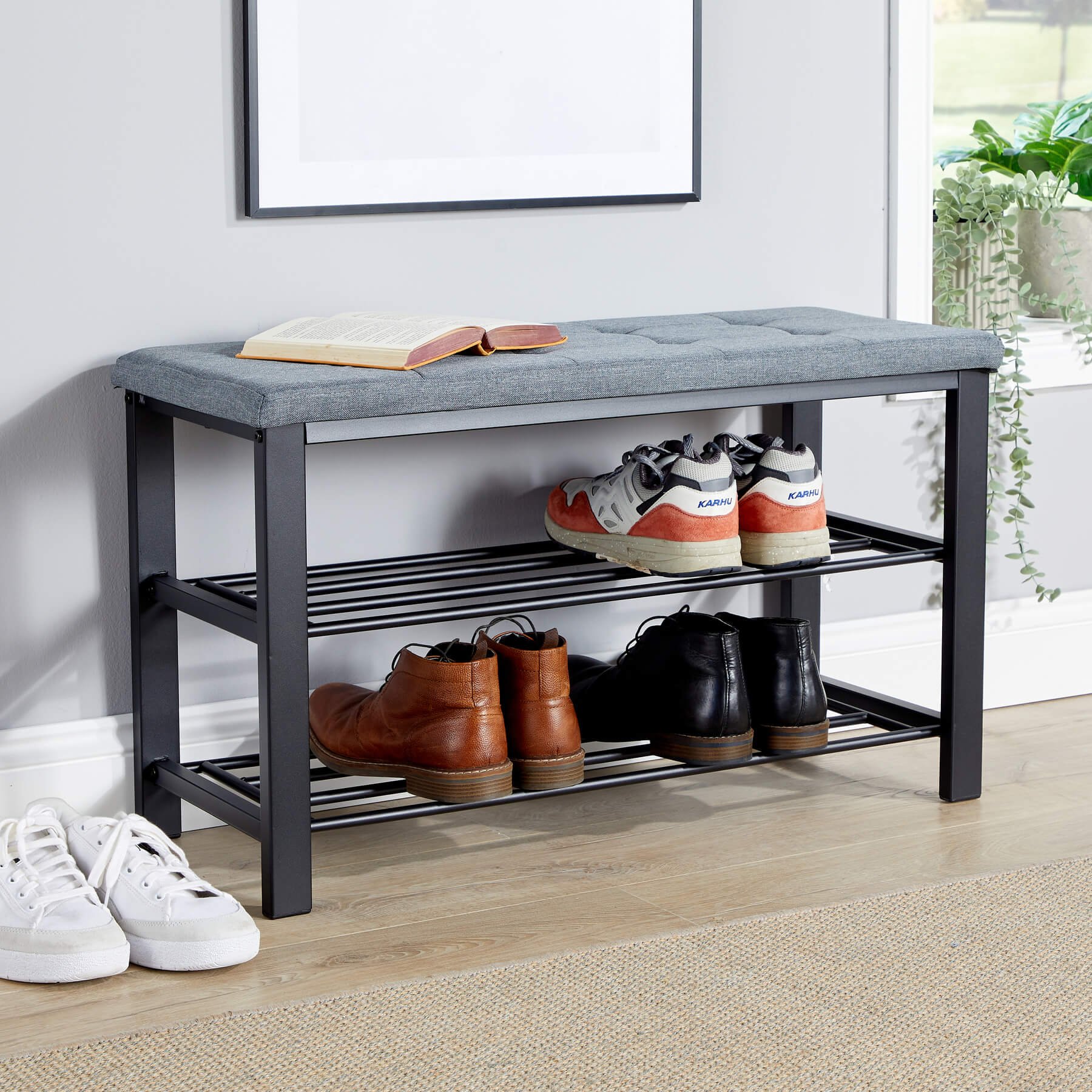 Home Source Sleaford 2 Tier Shoe Storage Hallway Bench - Grey