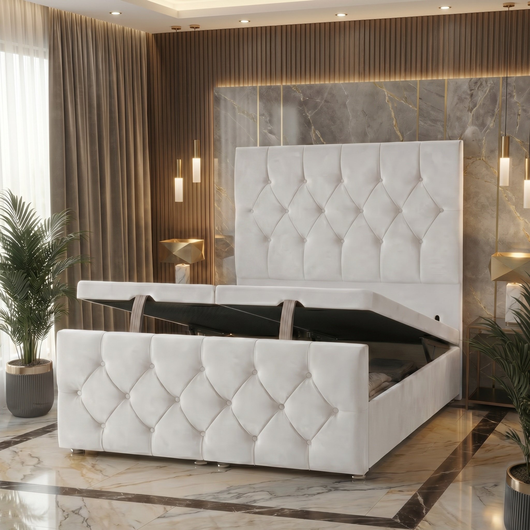 Somnior Chester Velvet Small Single Ottoman Divan Bed with Footboard - White