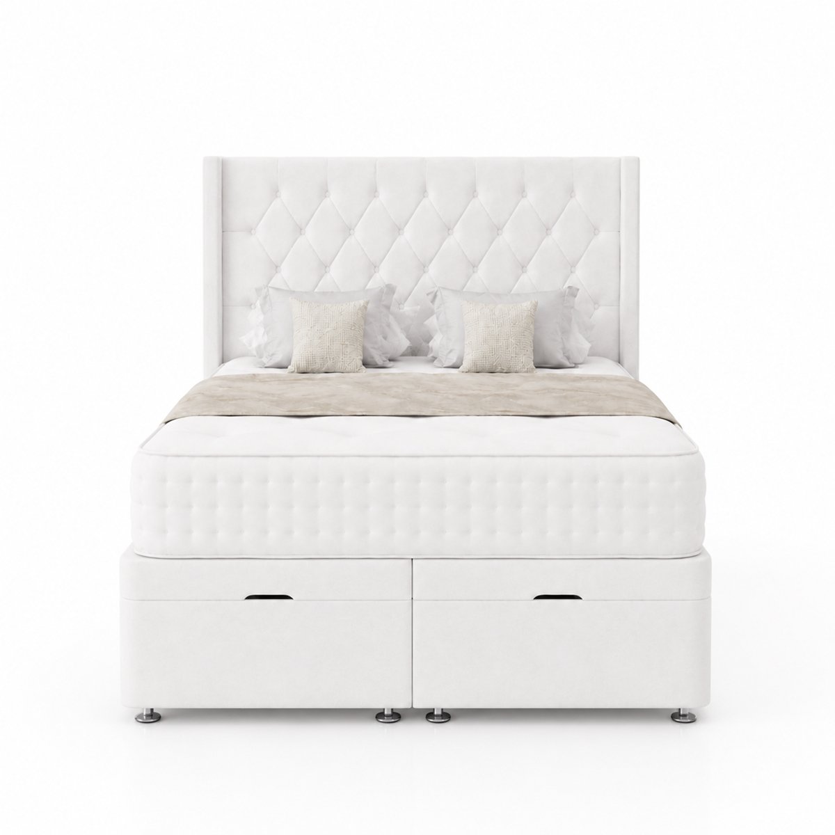 Comfy Deluxe Zoro 4ft Small Double Plush Velvet End Lift Ottoman Bed Set - White