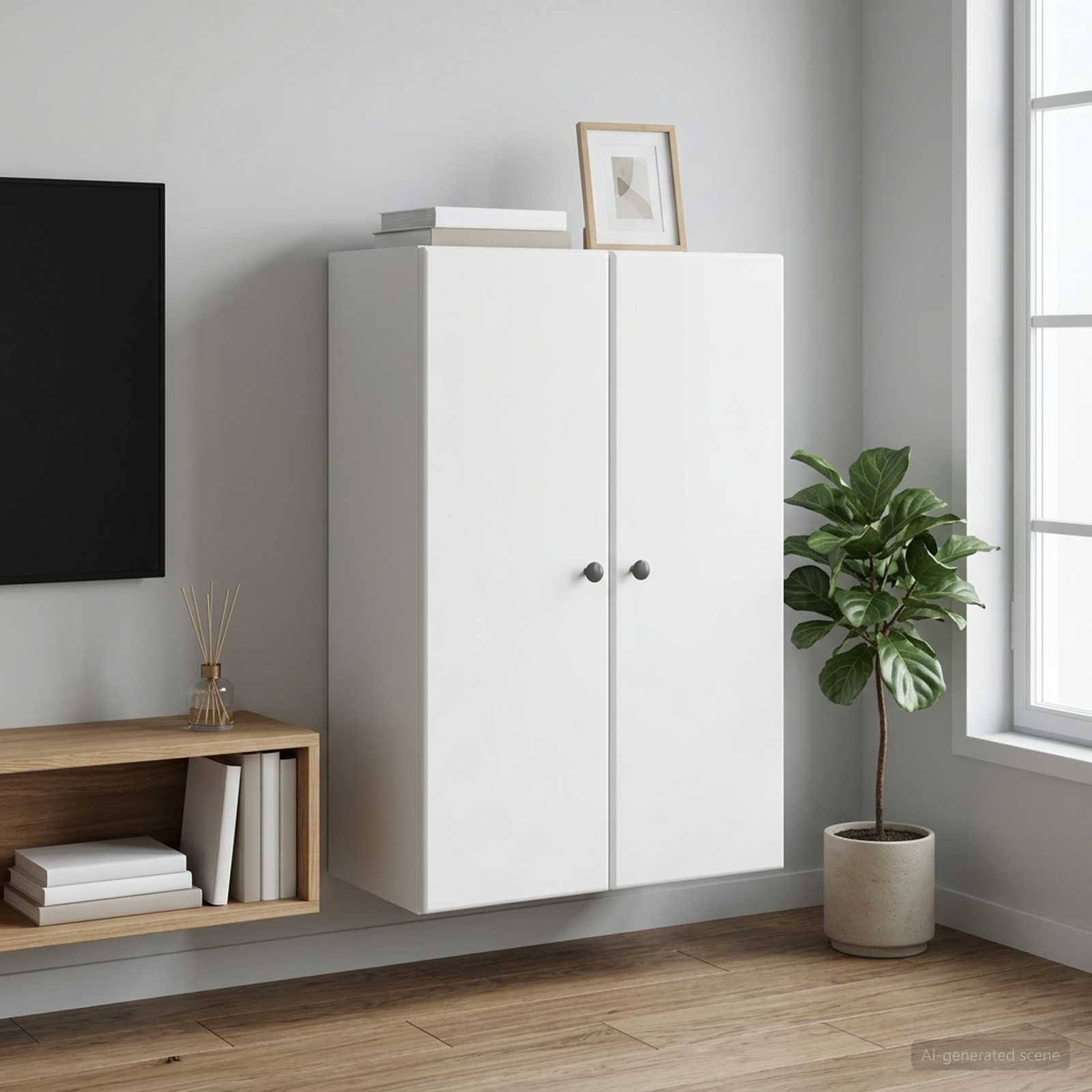 Walplus 2 Door Wood Wall Cabinet Slim Design - White - 66 x 34.5 x 90 cm