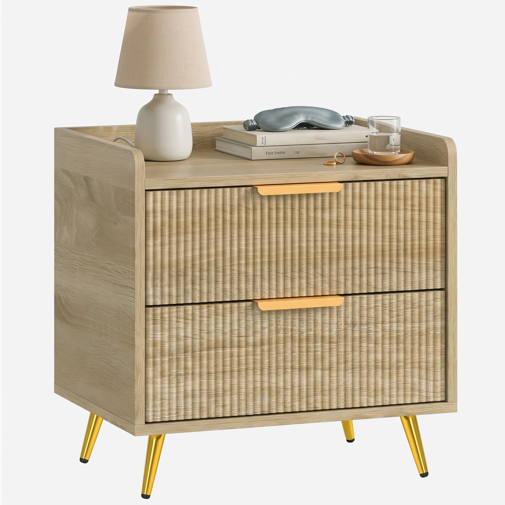 HOMCOM Bedside Table with 2 Drawers and Metal Legs - Natural Wood Finish