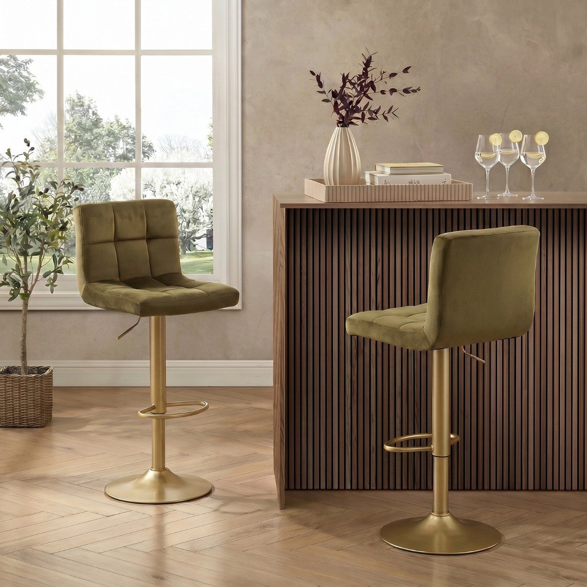 OHS Set of 2 Adjustable Velvet Bar Stools - Olive/Gold