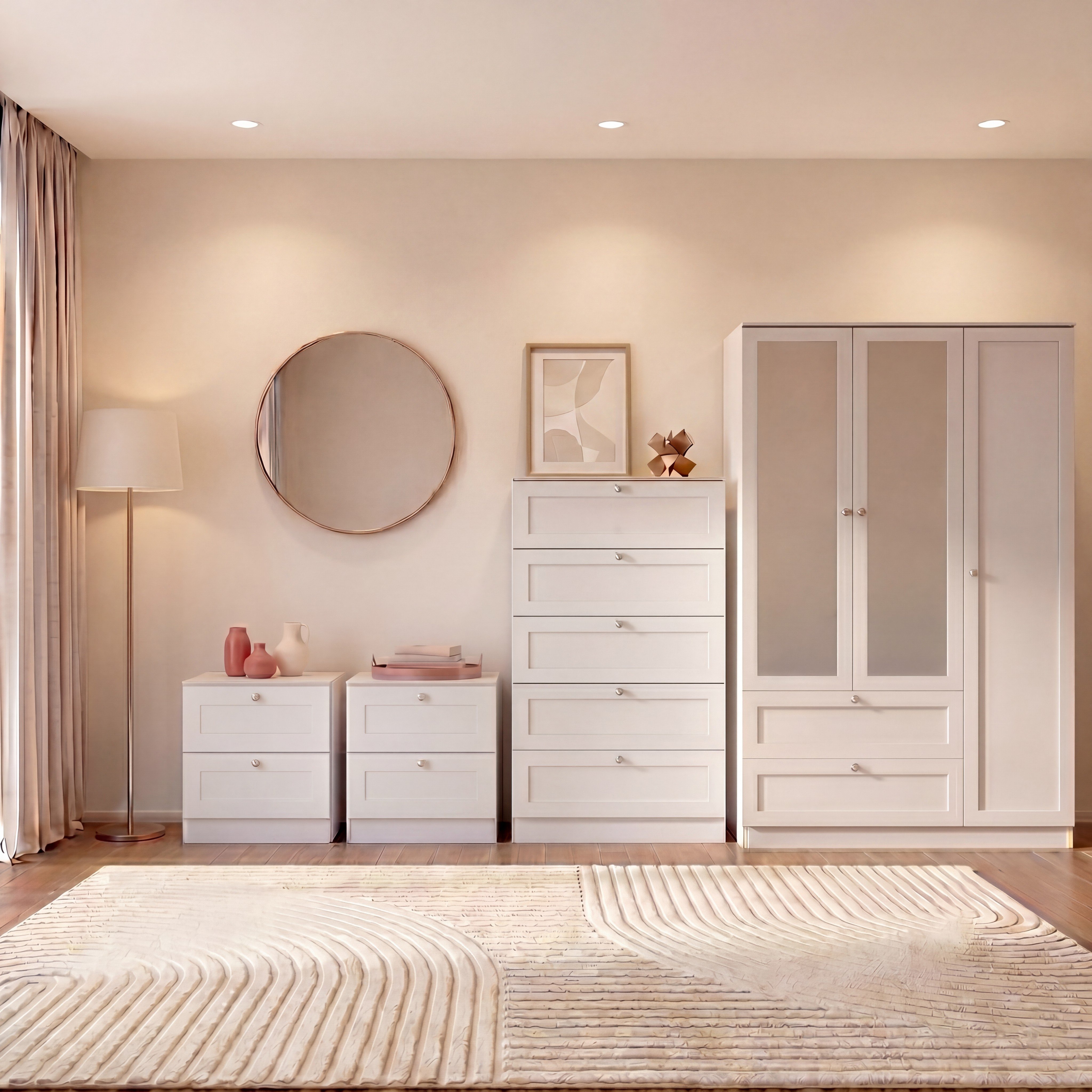 Vida Designs Altino Set (2x Bedside - 5 Drawer Chest - 3DOOR Wardrobe) - White