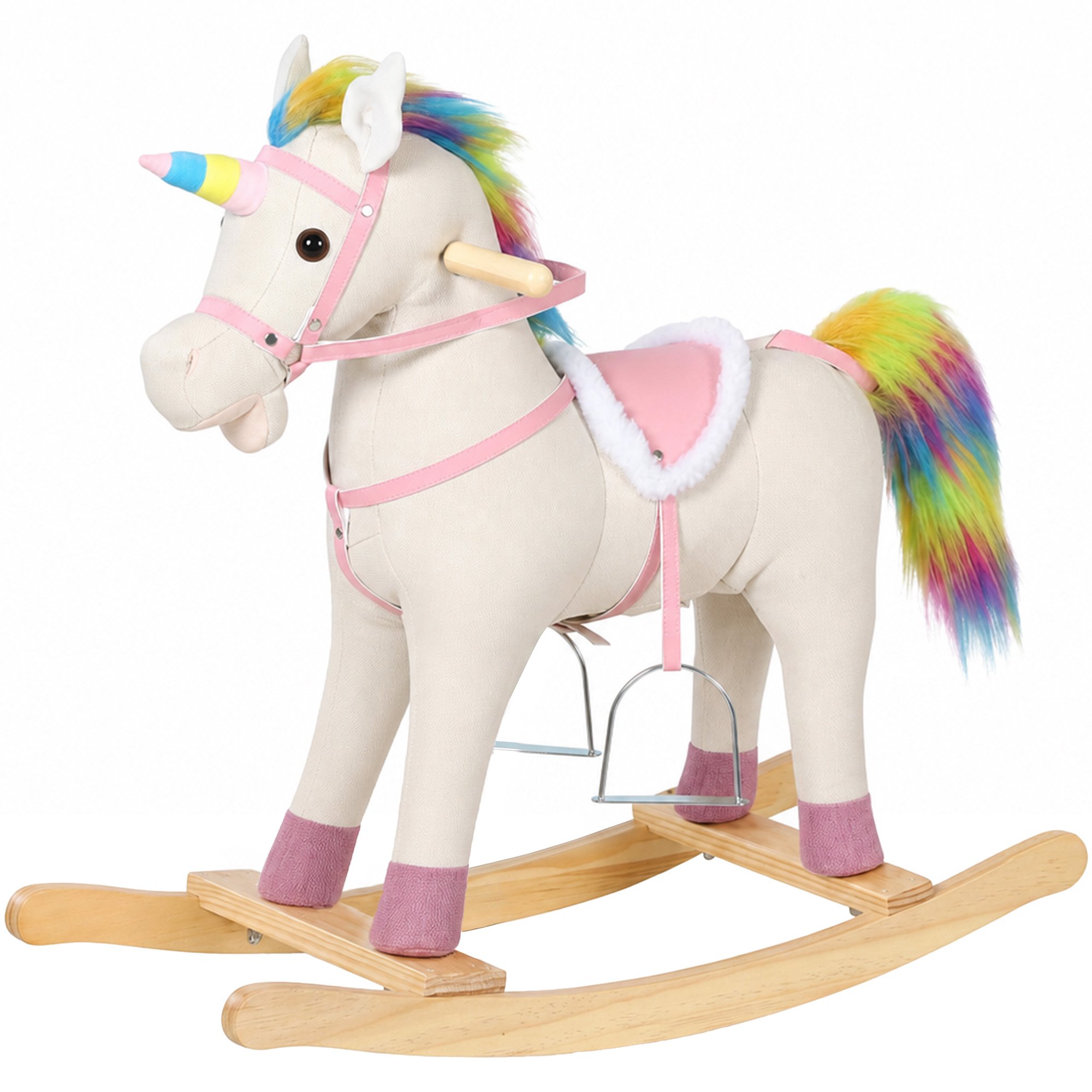 AIYAPLAY 1-3 Years Unicorn Sound Effects Wooden Base Rocking Horse – Cream White